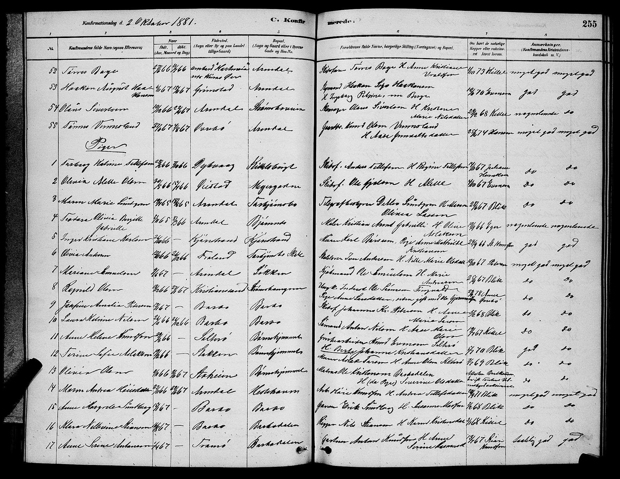 Barbu sokneprestkontor, AV/SAK-1111-0003/F/Fb/L0001: Klokkerbok nr. B 1, 1878-1890, s. 255