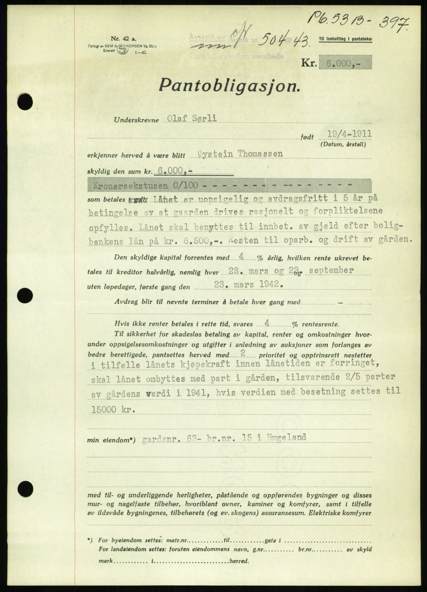 Torridal sorenskriveri, SAK/1221-0012/G/Gb/Gbb/L0009: Pantebok nr. 53b, 1942-1943, Dagboknr: 504/1943