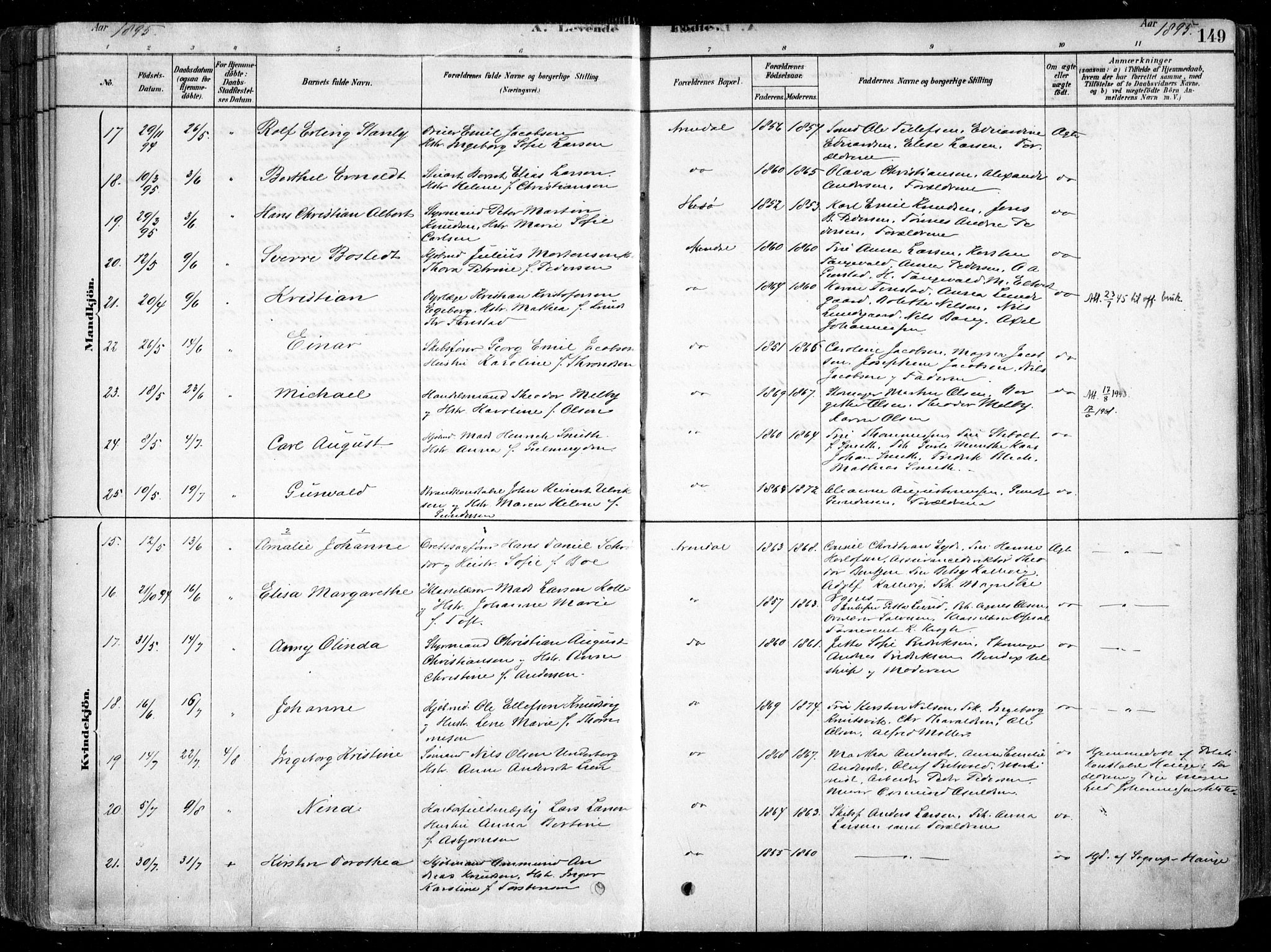 Arendal sokneprestkontor, Trefoldighet, AV/SAK-1111-0040/F/Fa/L0008: Ministerialbok nr. A 8, 1878-1899, s. 149