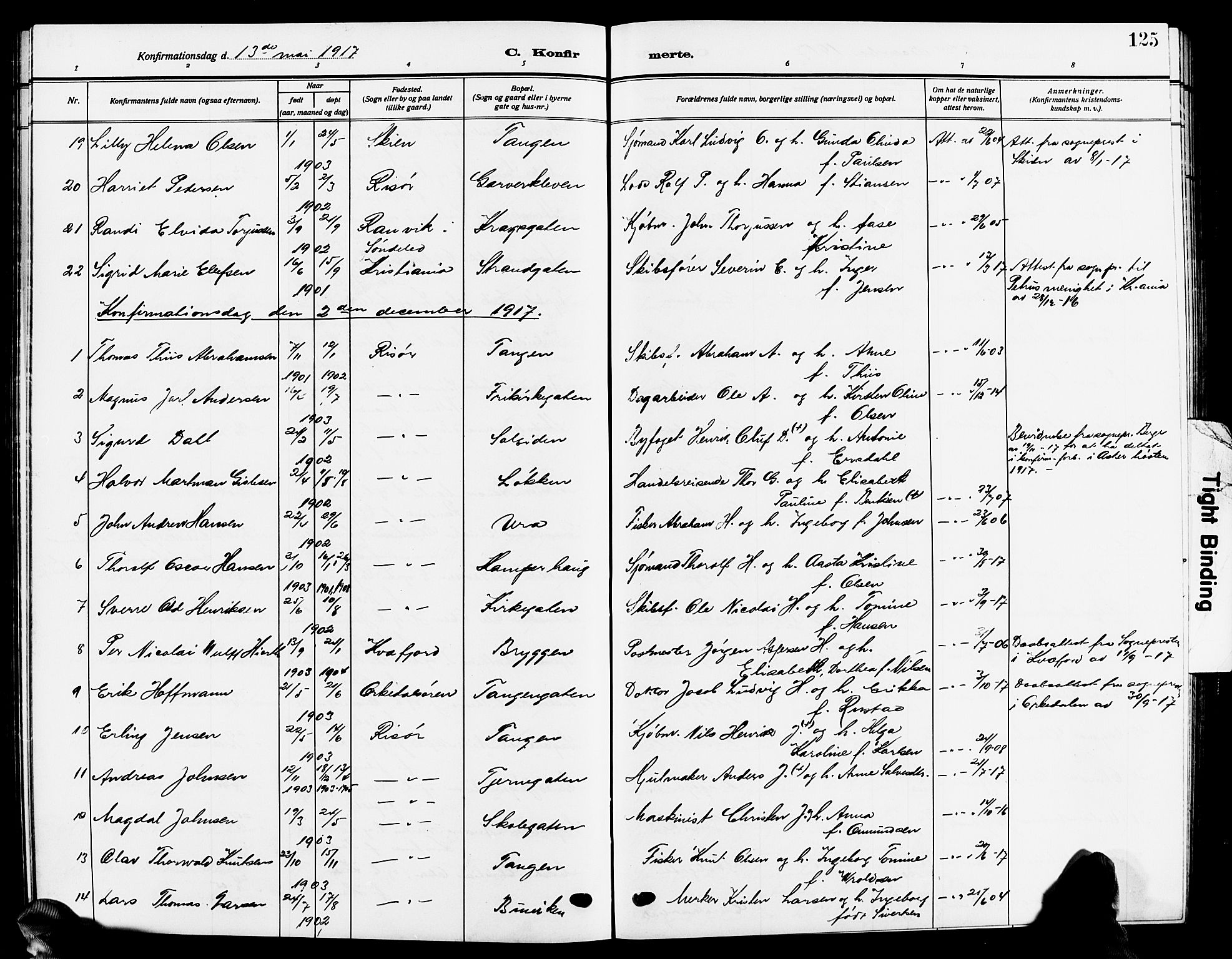 Risør sokneprestkontor, AV/SAK-1111-0035/F/Fb/L0008: Klokkerbok nr. B 8, 1909-1921, s. 125