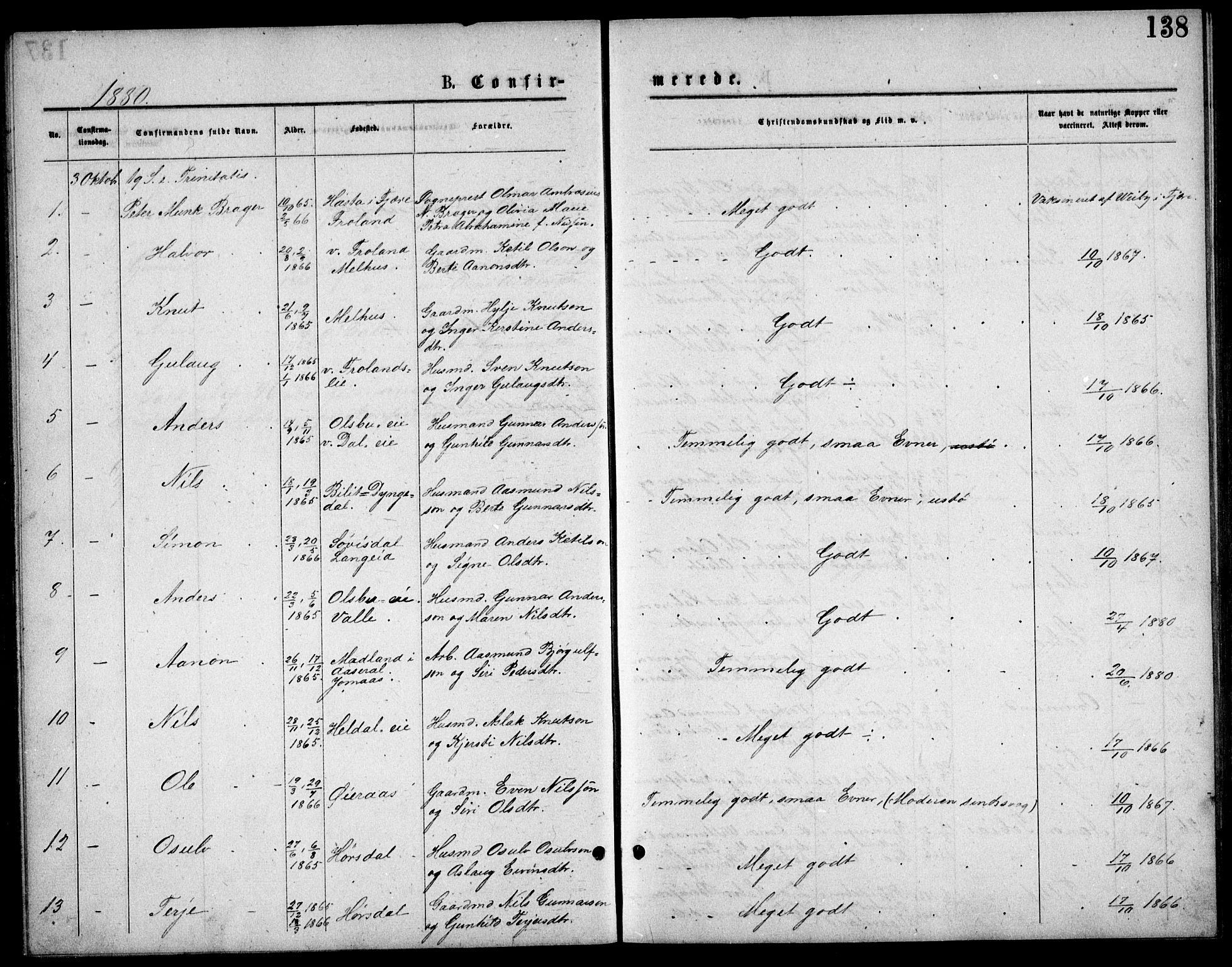 Froland sokneprestkontor, AV/SAK-1111-0013/F/Fb/L0009: Klokkerbok nr. B 9, 1875-1893, s. 138