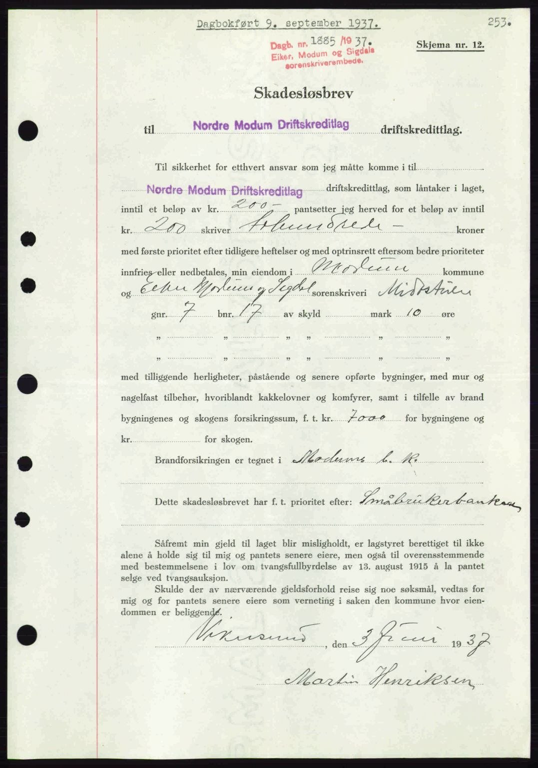 Eiker, Modum og Sigdal sorenskriveri, SAKO/A-123/G/Ga/Gab/L0036: Pantebok nr. A6, 1937-1937, Dagboknr: 1885/1937