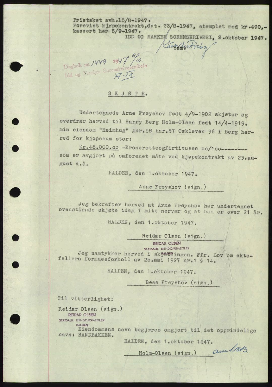 Idd og Marker sorenskriveri, SAO/A-10283/G/Gb/Gbb/L0009: Pantebok nr. A9, 1946-1947, Dagboknr: 1449/1947