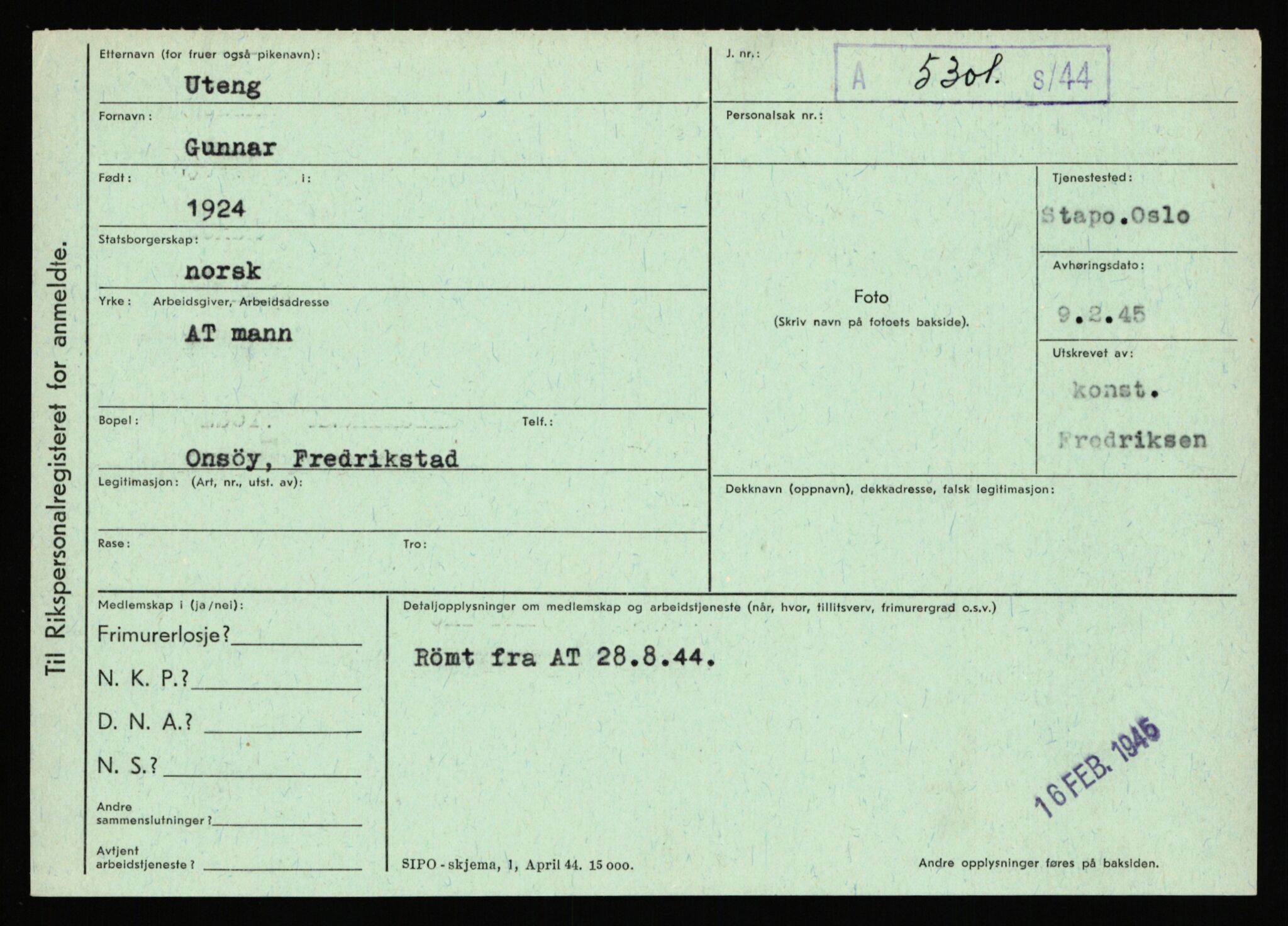 Statspolitiet - Hovedkontoret / Osloavdelingen, AV/RA-S-1329/C/Ca/L0016: Uberg - Øystese, 1943-1945, s. 339