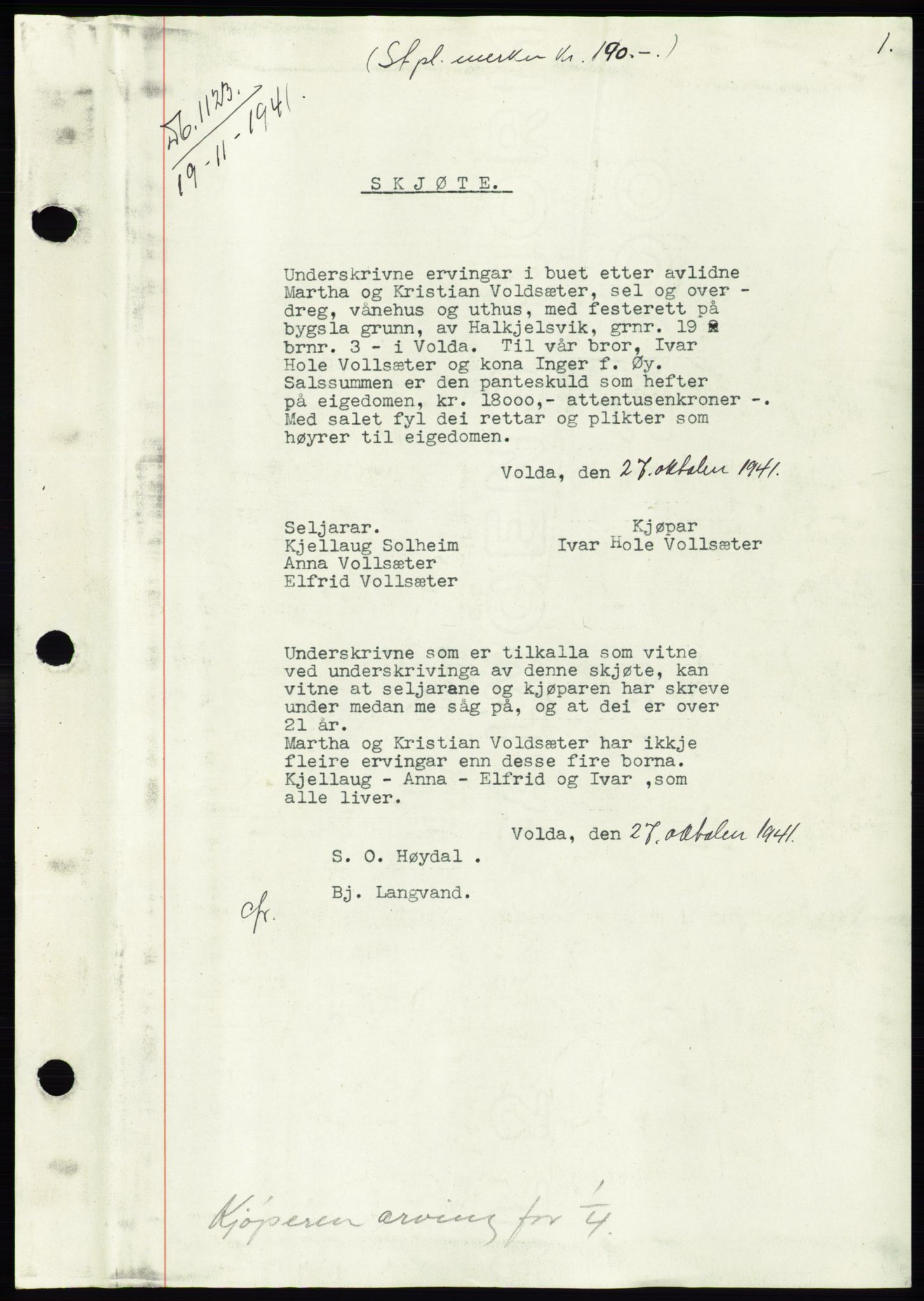 Søre Sunnmøre sorenskriveri, AV/SAT-A-4122/1/2/2C/L0073: Pantebok nr. 67, 1941-1942, Dagboknr: 1123/1941