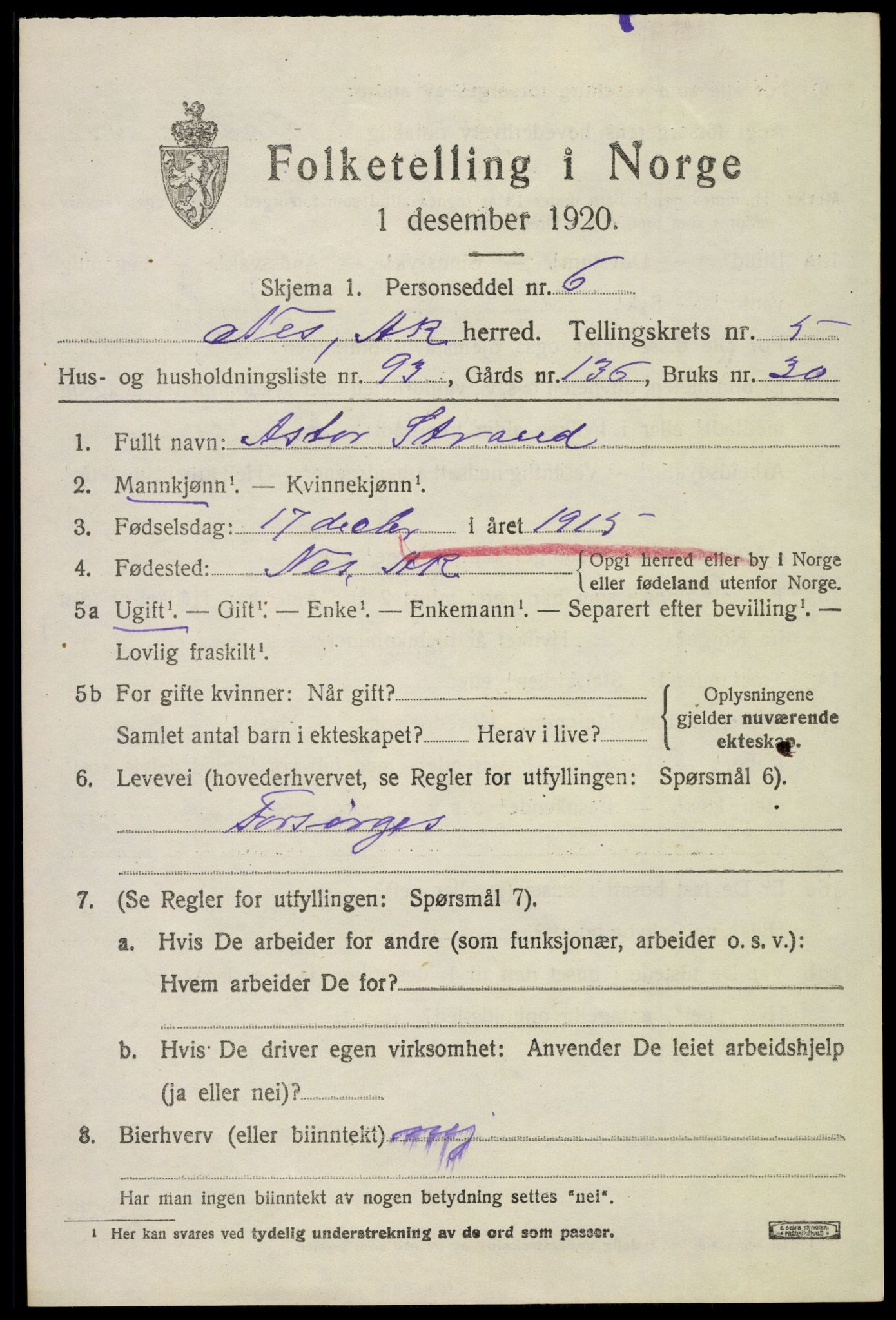 SAO, Folketelling 1920 for 0236 Nes herred, 1920, s. 7596
