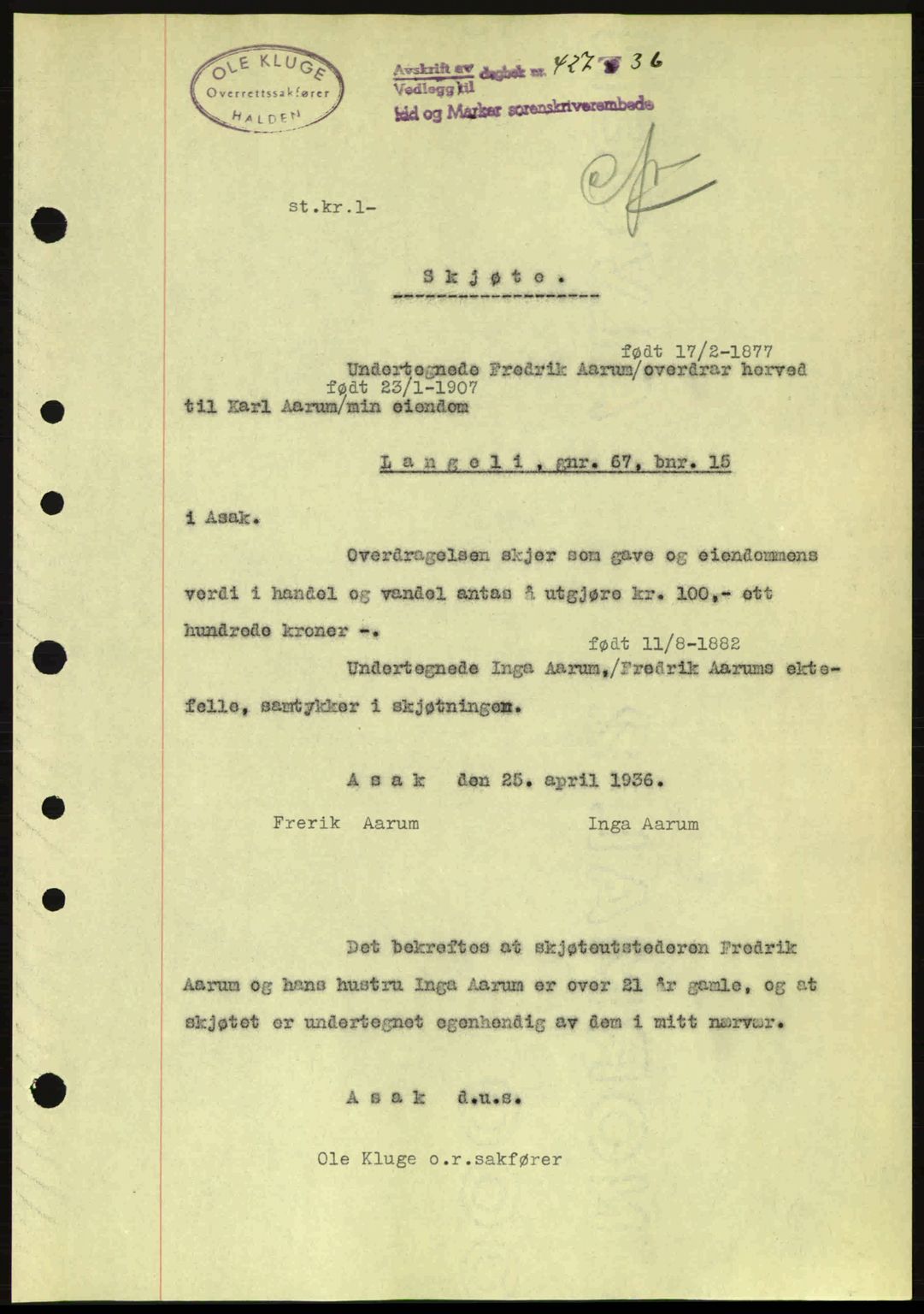 Idd og Marker sorenskriveri, AV/SAO-A-10283/G/Gb/Gbb/L0001: Pantebok nr. A1, 1936-1937, Dagboknr: 427/1936