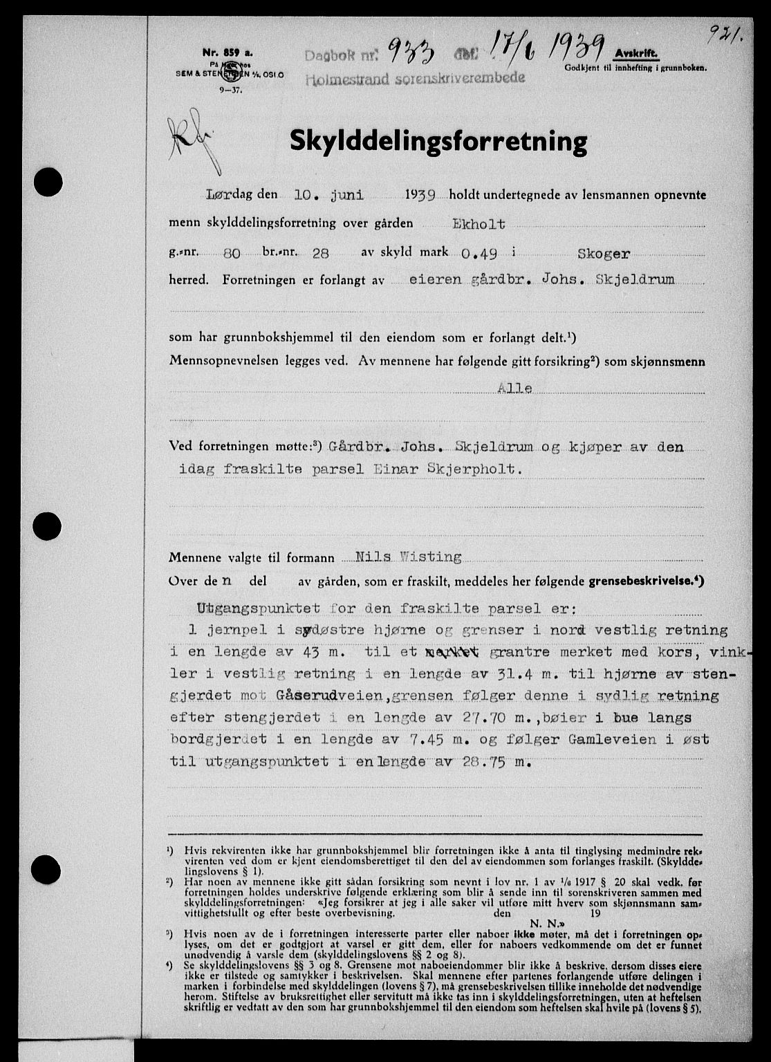 Holmestrand sorenskriveri, SAKO/A-67/G/Ga/Gaa/L0050: Pantebok nr. A-50, 1938-1939, Dagboknr: 933/1939