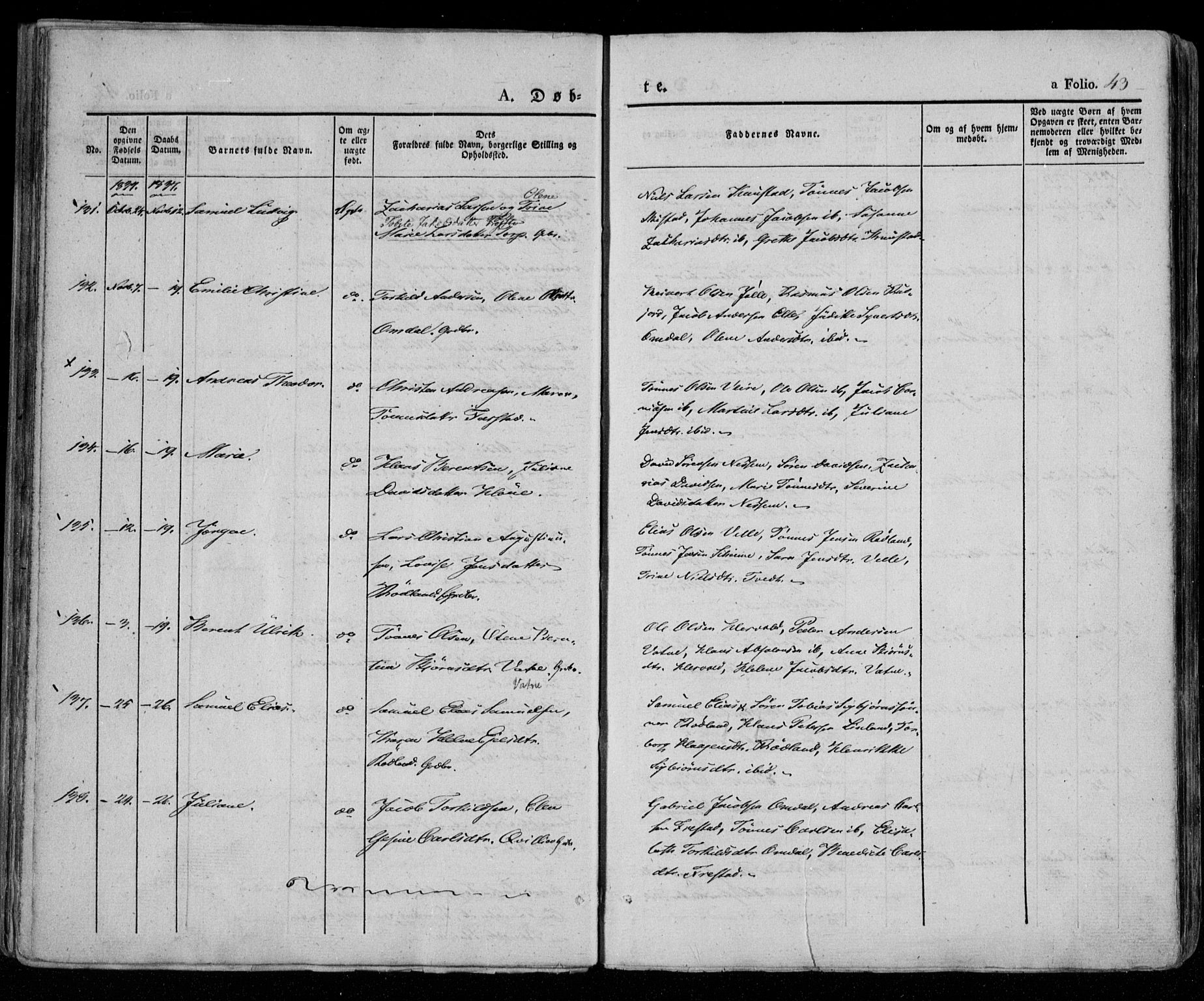 Lista sokneprestkontor, AV/SAK-1111-0027/F/Fa/L0009: Ministerialbok nr. A 9, 1835-1846, s. 43
