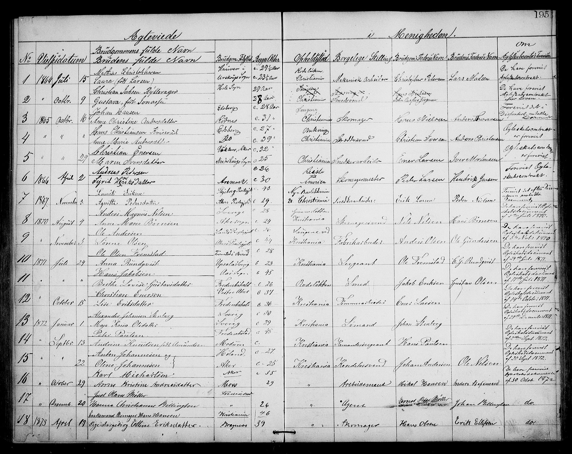 Første Metodistkirke Oslo -  menighetsprotokoller, AV/SAO-PAO-0067/F/L0001: Dissenterprotokoll nr. 1, 1865-1883, s. 195
