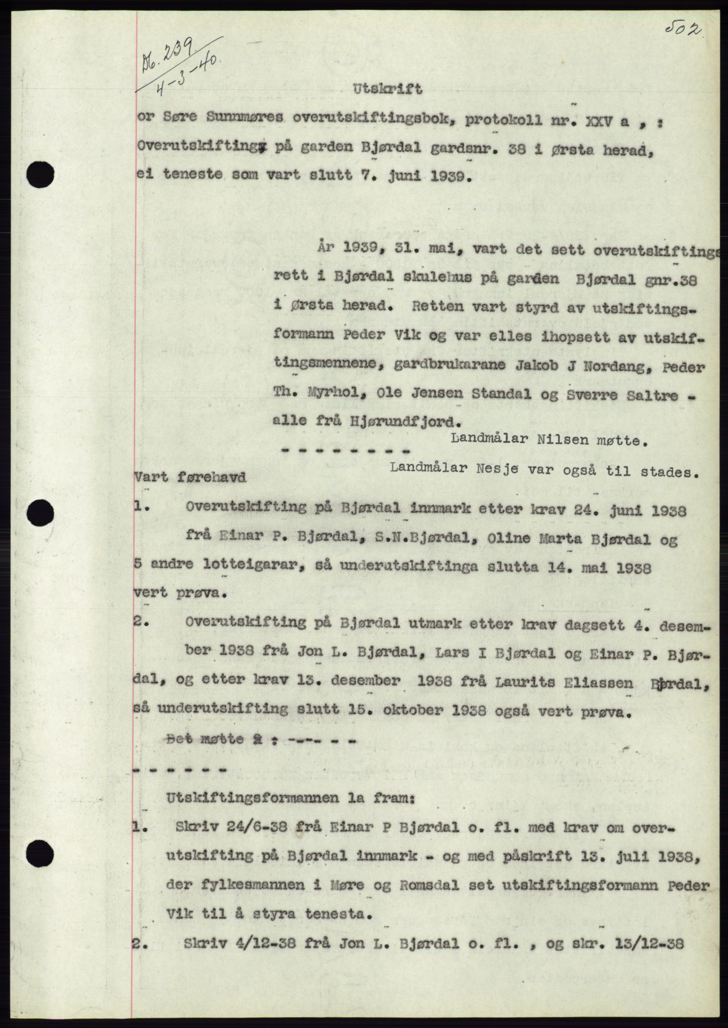 Søre Sunnmøre sorenskriveri, SAT/A-4122/1/2/2C/L0069: Pantebok nr. 63, 1939-1940, Dagboknr: 239/1940