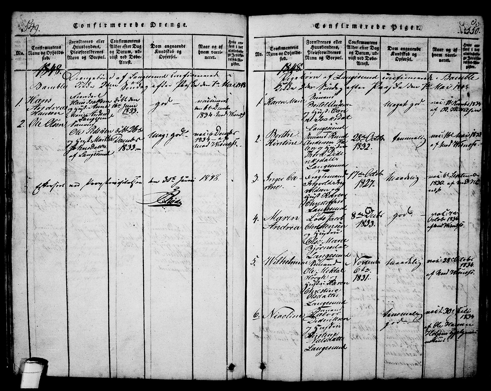 Langesund kirkebøker, AV/SAKO-A-280/G/Ga/L0003: Klokkerbok nr. 3, 1815-1858, s. 549-550