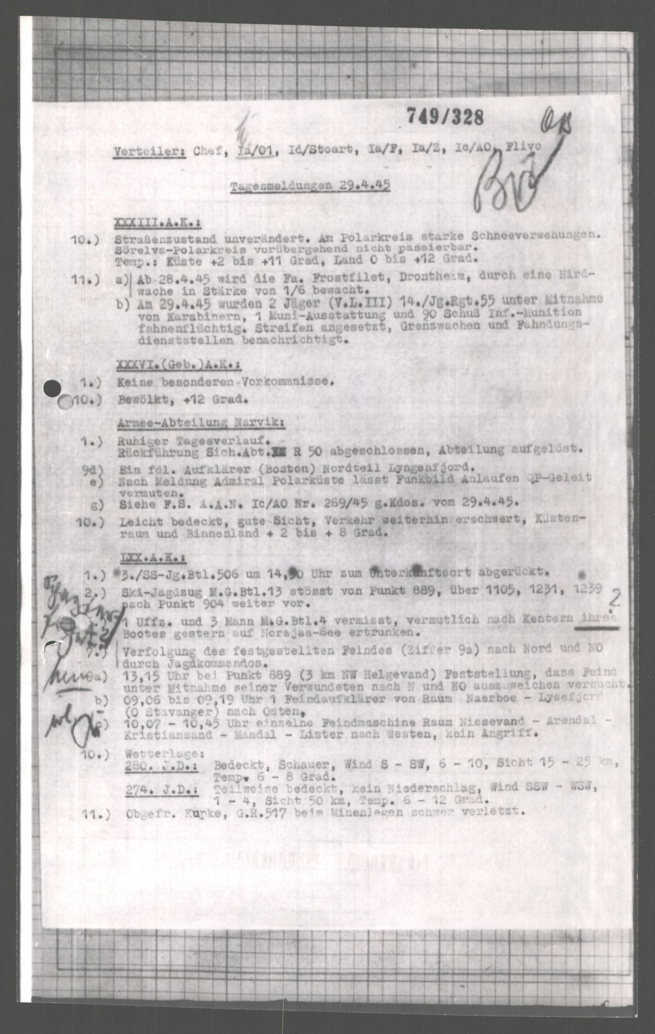 Forsvarets Overkommando. 2 kontor. Arkiv 11.4. Spredte tyske arkivsaker, AV/RA-RAFA-7031/D/Dar/Dara/L0004: Krigsdagbøker for 20. Gebirgs-Armee-Oberkommando (AOK 20), 1945, s. 815