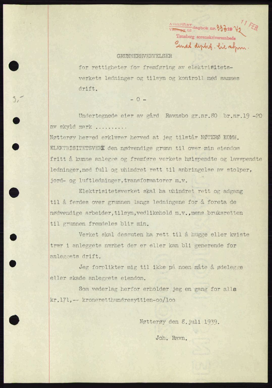 Tønsberg sorenskriveri, AV/SAKO-A-130/G/Ga/Gaa/L0011: Pantebok nr. A11, 1941-1942, Dagboknr: 337/1942