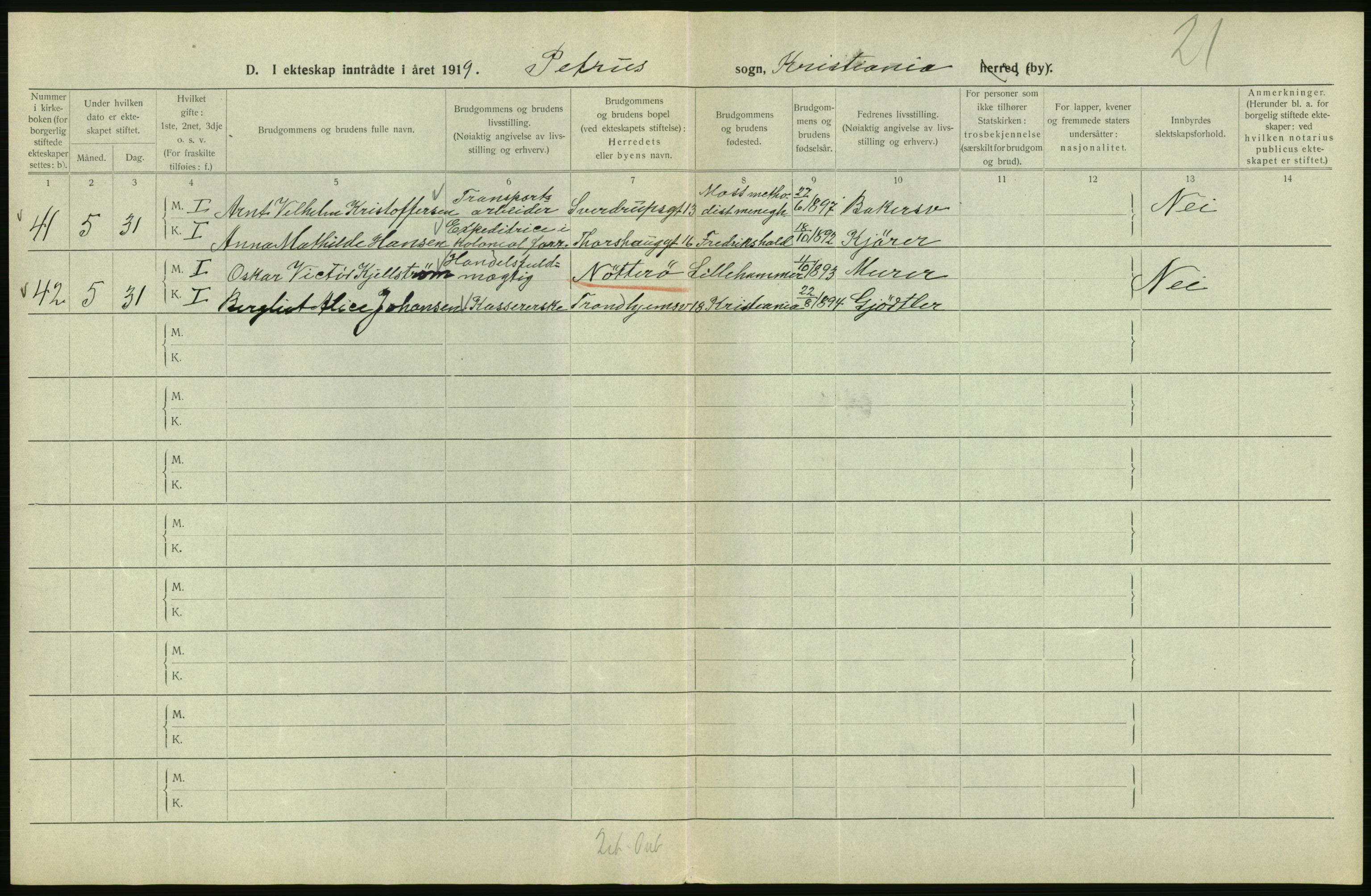 Statistisk sentralbyrå, Sosiodemografiske emner, Befolkning, AV/RA-S-2228/D/Df/Dfb/Dfbi/L0009: Kristiania: Gifte, 1919, s. 432