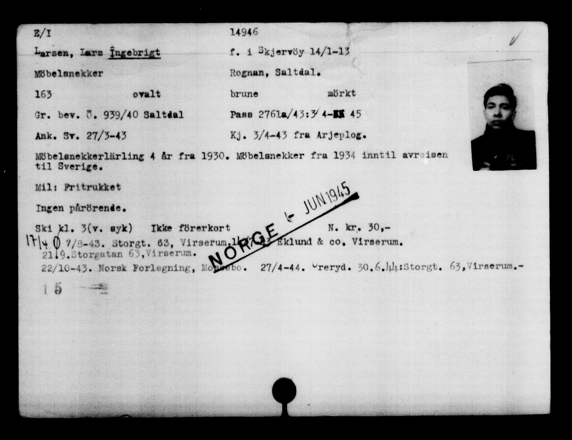 Utenriksstasjonene, Legasjonen i Stockholm, Flyktningkontoret, AV/RA-S-6753/V/Va/L0007: Kjesäterkartoteket, flyktninger med registreringsnr. 12700-15723, 1940-1945, s. 2584