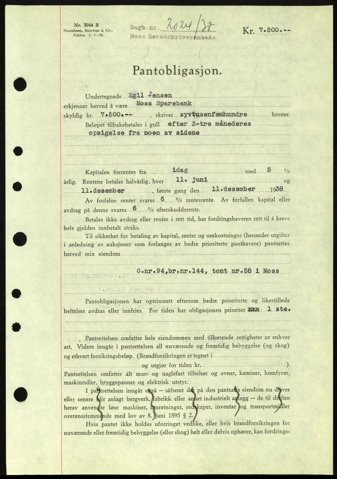 Moss sorenskriveri, SAO/A-10168: Pantebok nr. B6, 1938-1938, Dagboknr: 2024/1938