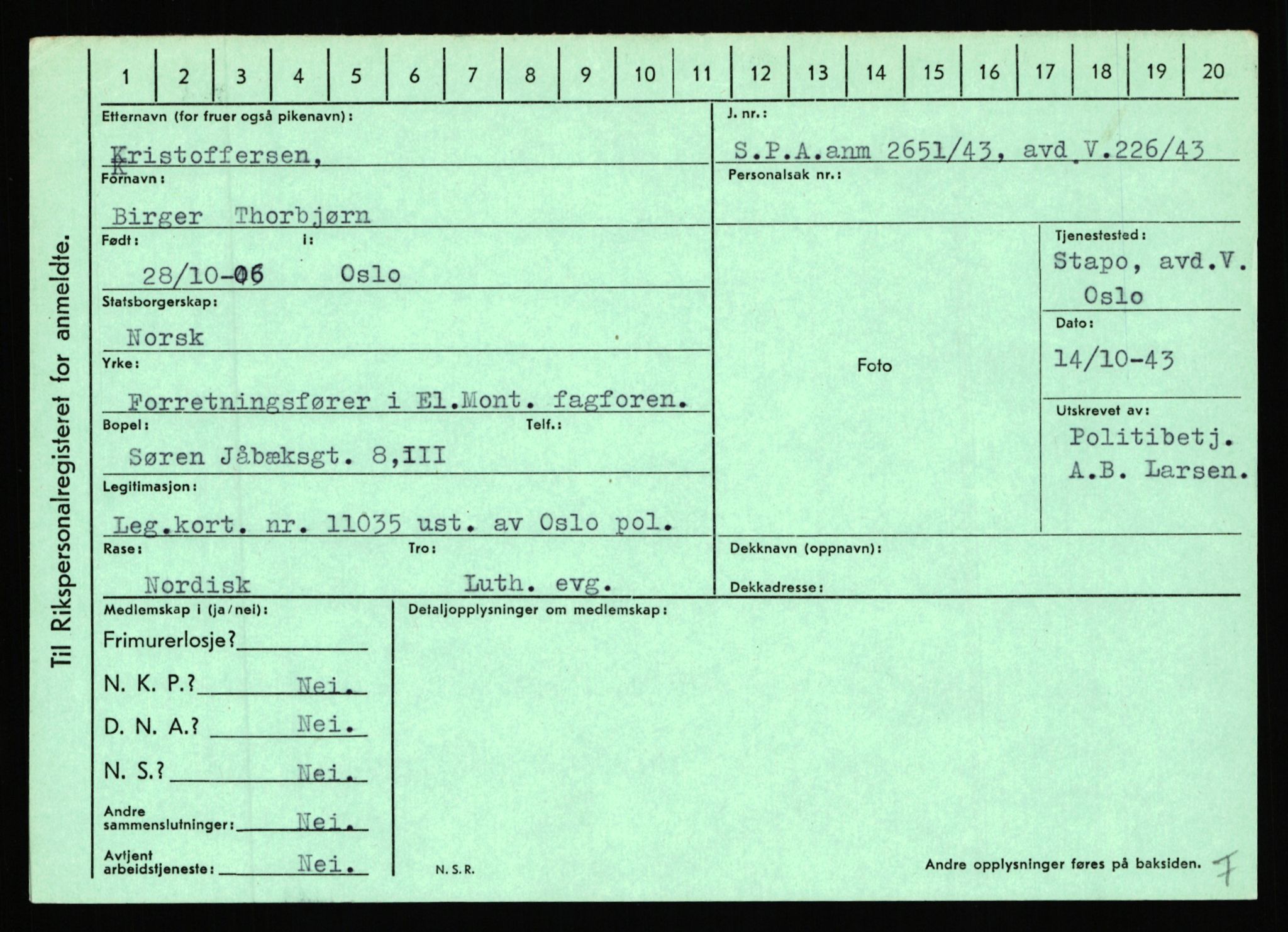 Statspolitiet - Hovedkontoret / Osloavdelingen, AV/RA-S-1329/C/Ca/L0009: Knutsen - Limstrand, 1943-1945, s. 1694