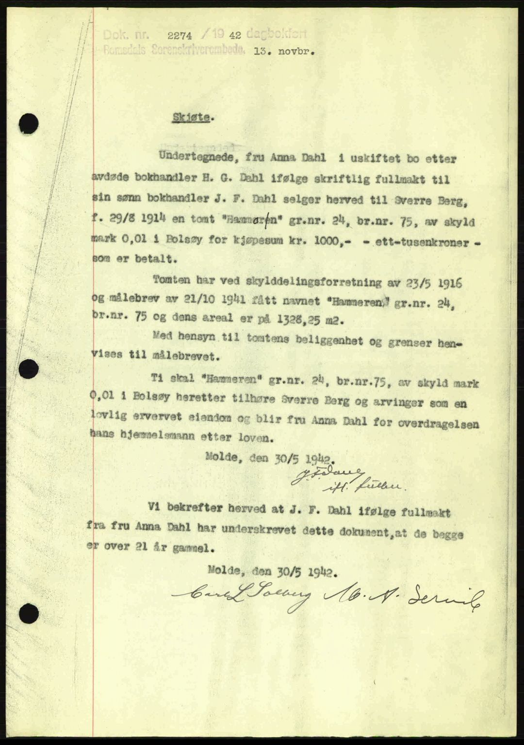 Romsdal sorenskriveri, SAT/A-4149/1/2/2C: Pantebok nr. A13, 1942-1943, Dagboknr: 2274/1942