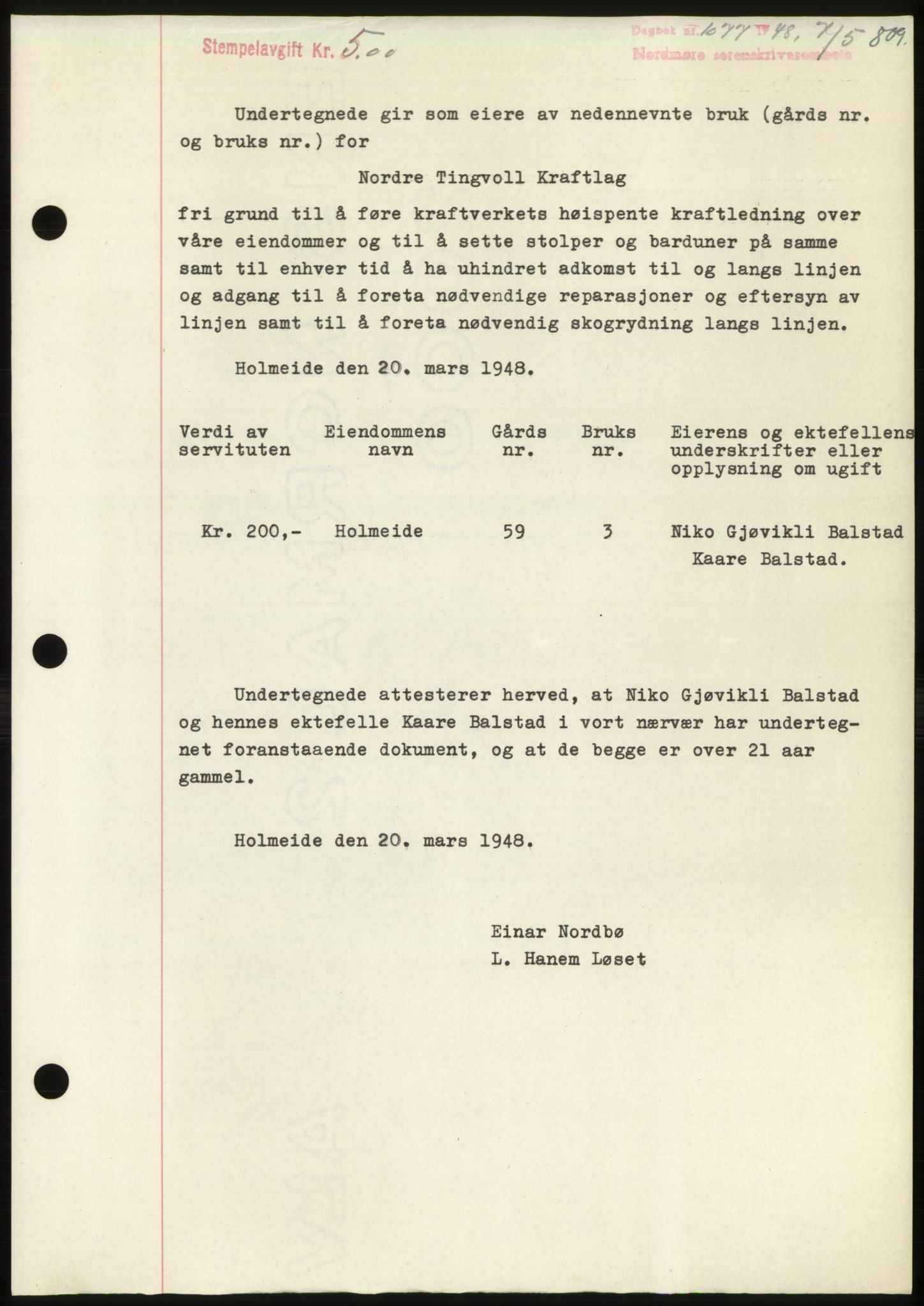 Nordmøre sorenskriveri, AV/SAT-A-4132/1/2/2Ca: Pantebok nr. B98, 1948-1948, Dagboknr: 1077/1948