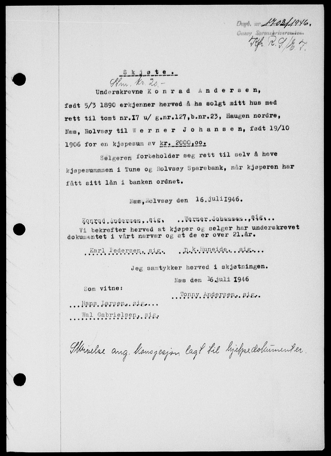 Onsøy sorenskriveri, SAO/A-10474/G/Ga/Gab/L0016: Pantebok nr. II A-16, 1946-1946, Dagboknr: 1703/1946