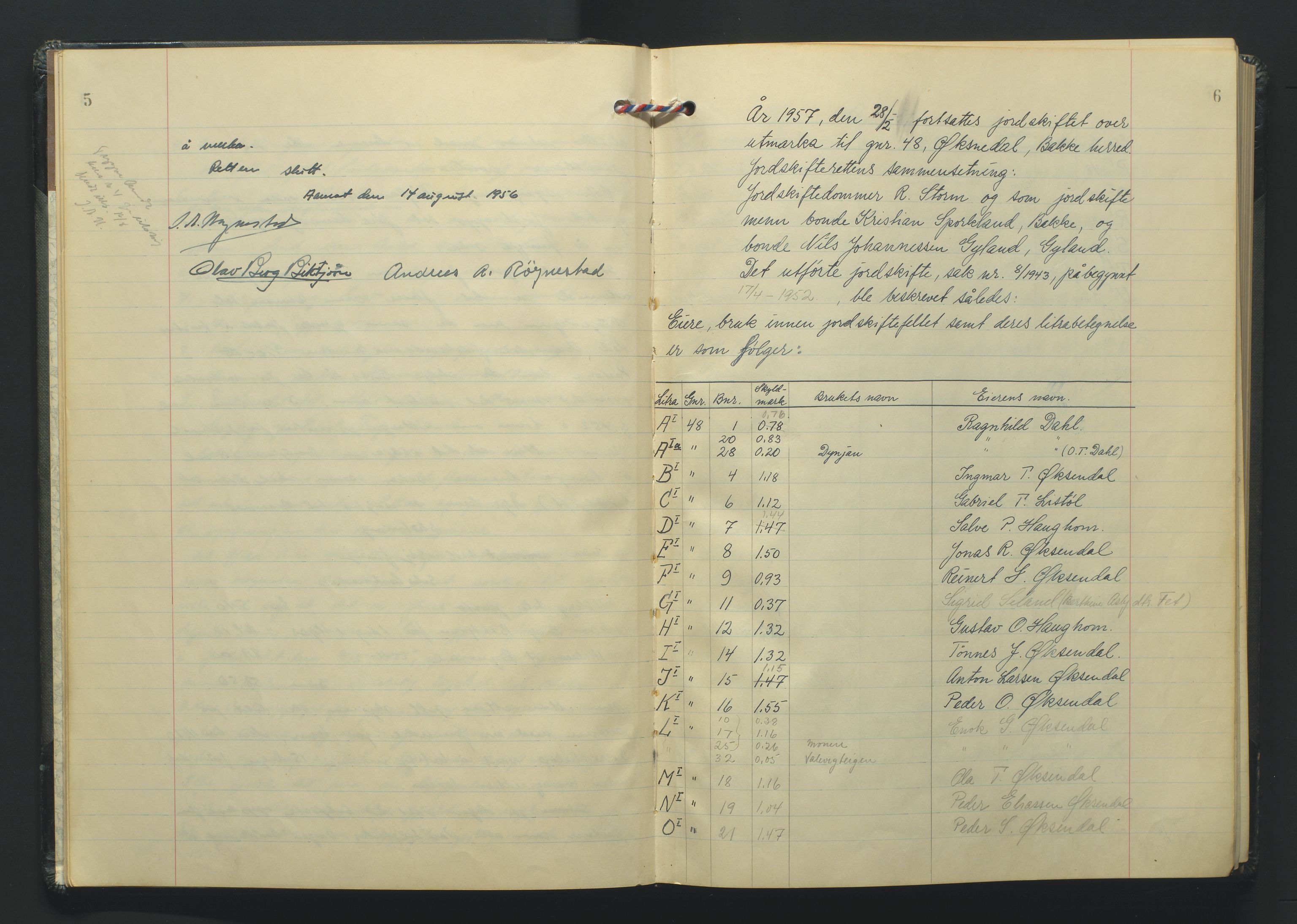 Lista jordskifterett, AV/SAK-1541-0005/F/Fa/L0003: Jordskifterettsbok Flekkefjord domssokn, med gårdsregister nr 9, 1956-1963, s. 5-6