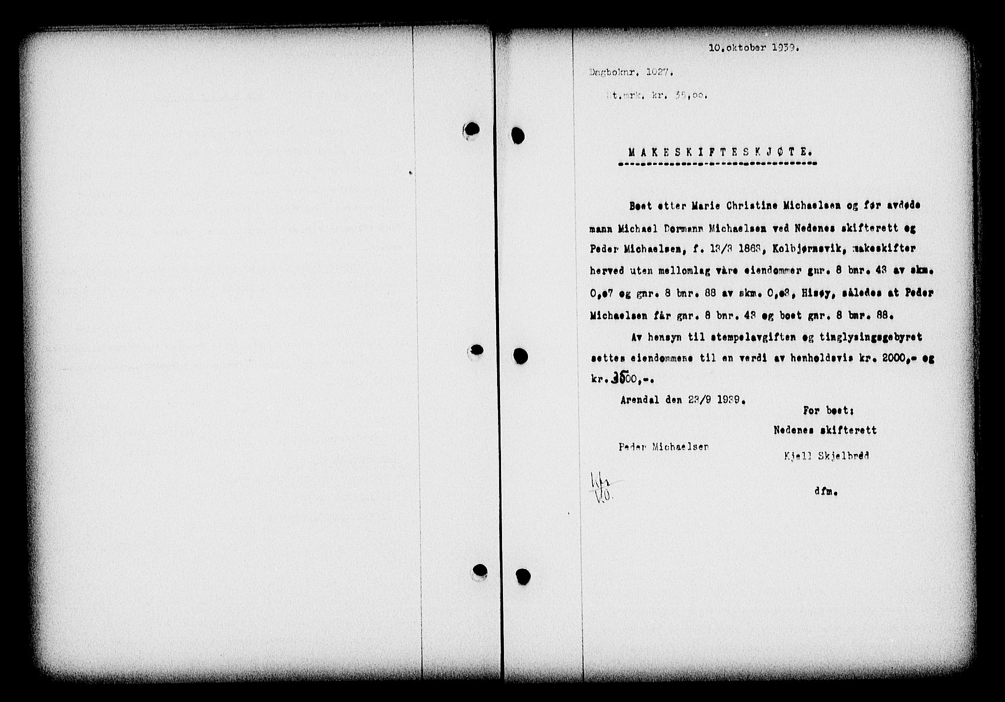 Nedenes sorenskriveri, SAK/1221-0006/G/Gb/Gba/L0047: Pantebok nr. A-I, 1939-1940, Dagboknr: 1027/1939