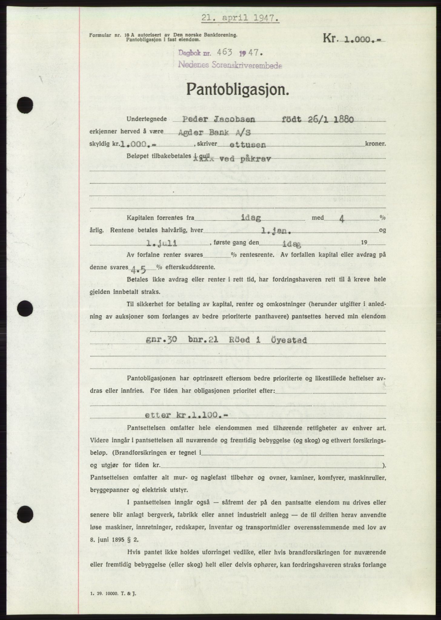 Nedenes sorenskriveri, SAK/1221-0006/G/Gb/Gbb/L0004: Pantebok nr. B4, 1947-1947, Dagboknr: 463/1947