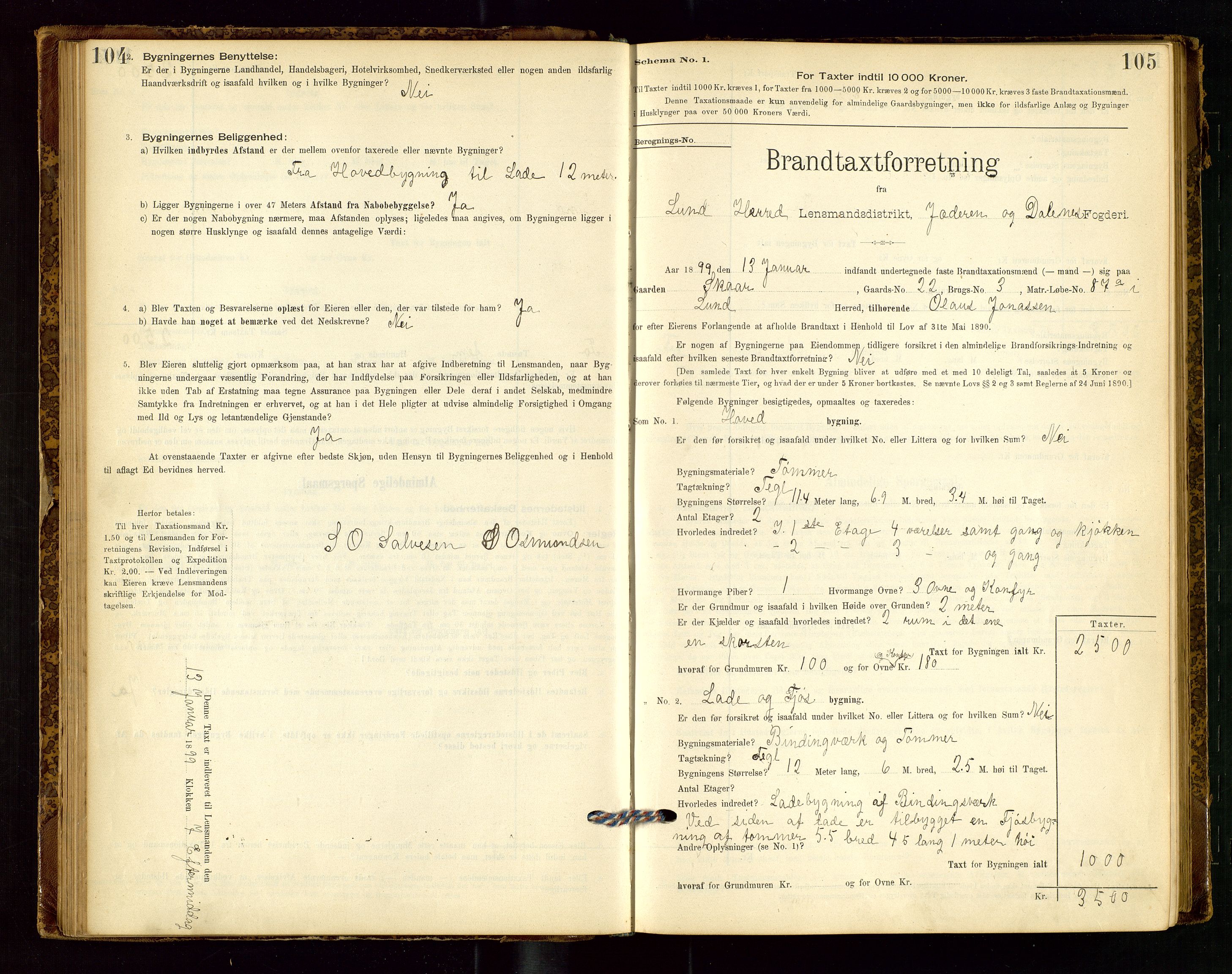 Lund lensmannskontor, SAST/A-100303/Gob/L0001: "Brandtakstprotokol", 1894-1907, s. 104-105