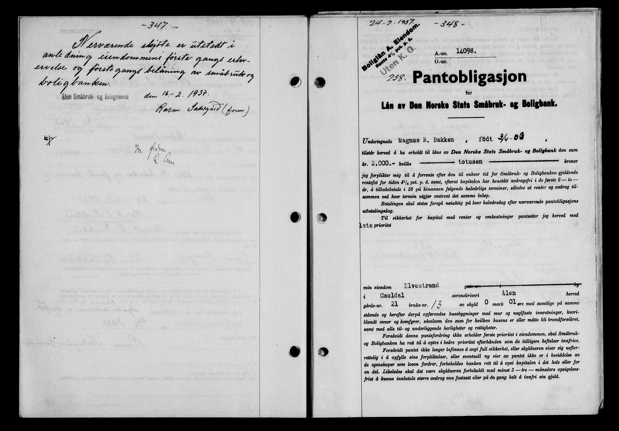 Gauldal sorenskriveri, SAT/A-0014/1/2/2C/L0046: Pantebok nr. 49-50, 1936-1937, Dagboknr: 238/1937