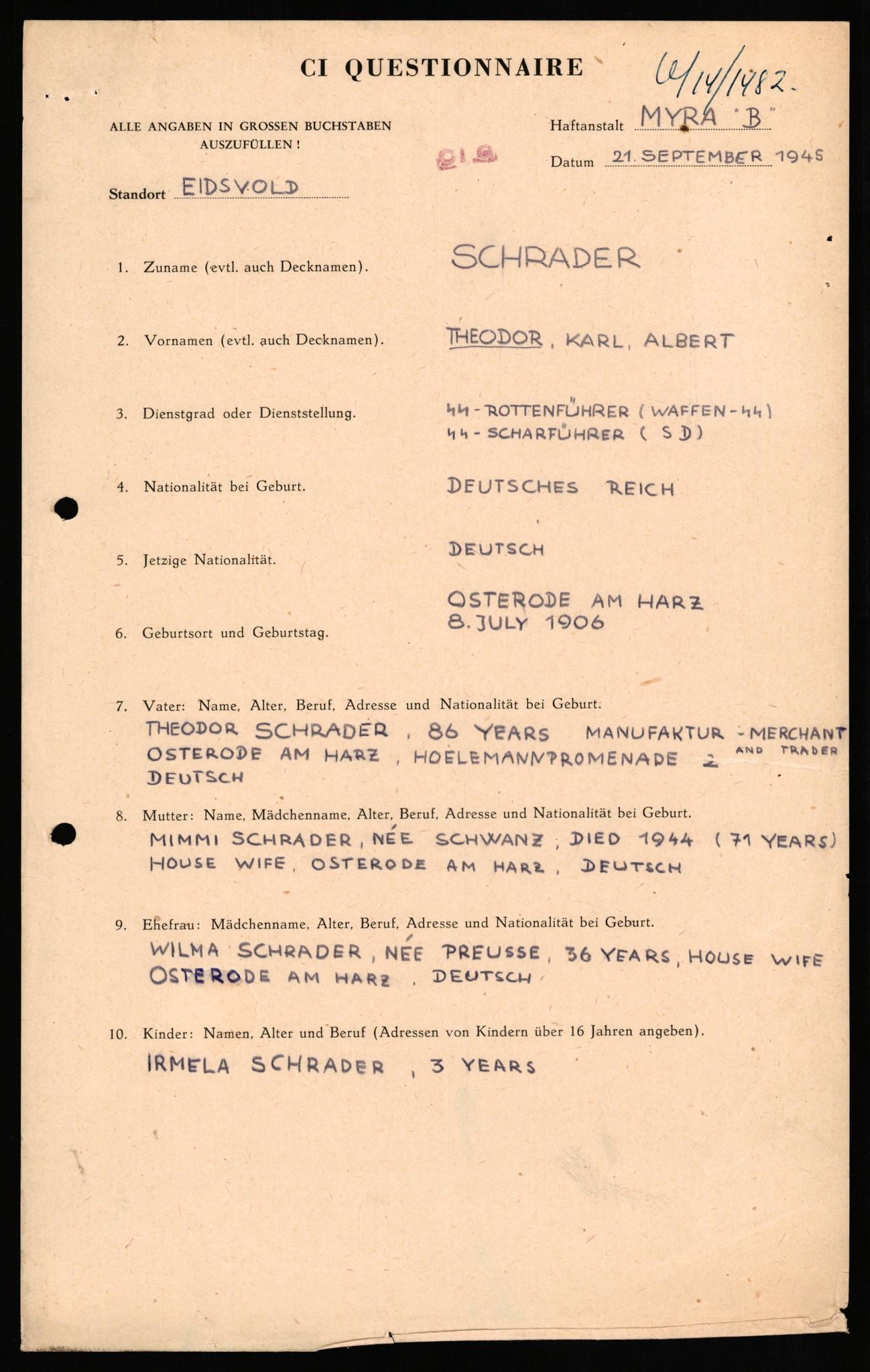 Forsvaret, Forsvarets overkommando II, AV/RA-RAFA-3915/D/Db/L0030: CI Questionaires. Tyske okkupasjonsstyrker i Norge. Tyskere., 1945-1946, s. 199