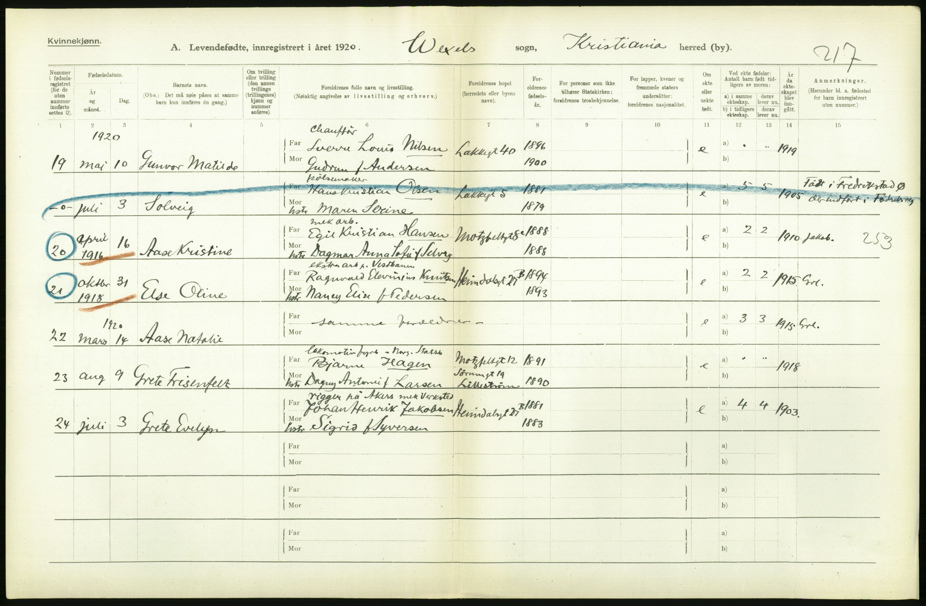 Statistisk sentralbyrå, Sosiodemografiske emner, Befolkning, AV/RA-S-2228/D/Df/Dfb/Dfbj/L0008: Kristiania: Levendefødte menn og kvinner., 1920, s. 314