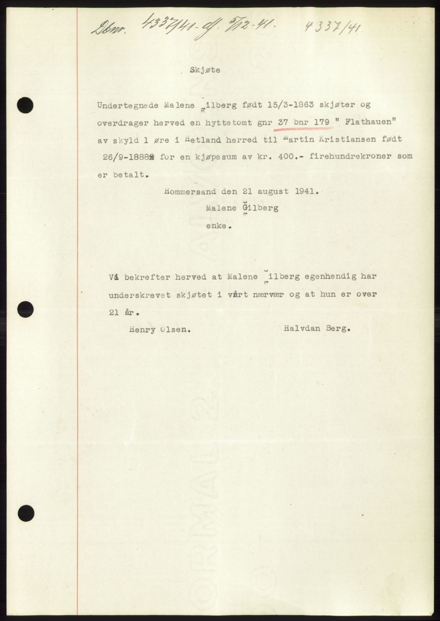 Jæren sorenskriveri, SAST/A-100310/03/G/Gba/L0081: Pantebok, 1941-1941, Dagboknr: 4337/1941