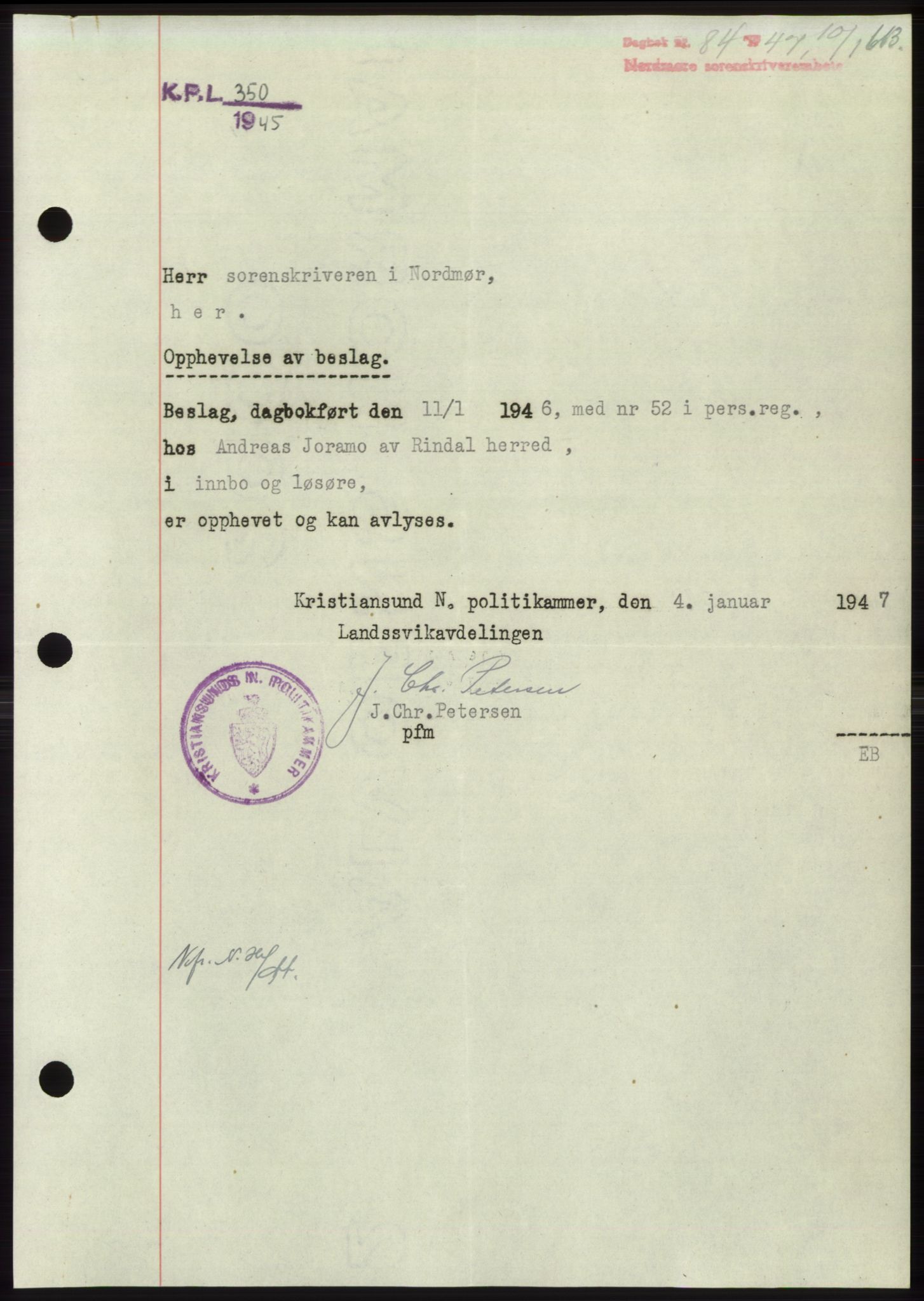 Nordmøre sorenskriveri, SAT/A-4132/1/2/2Ca: Pantebok nr. B95, 1946-1947, Dagboknr: 84/1947