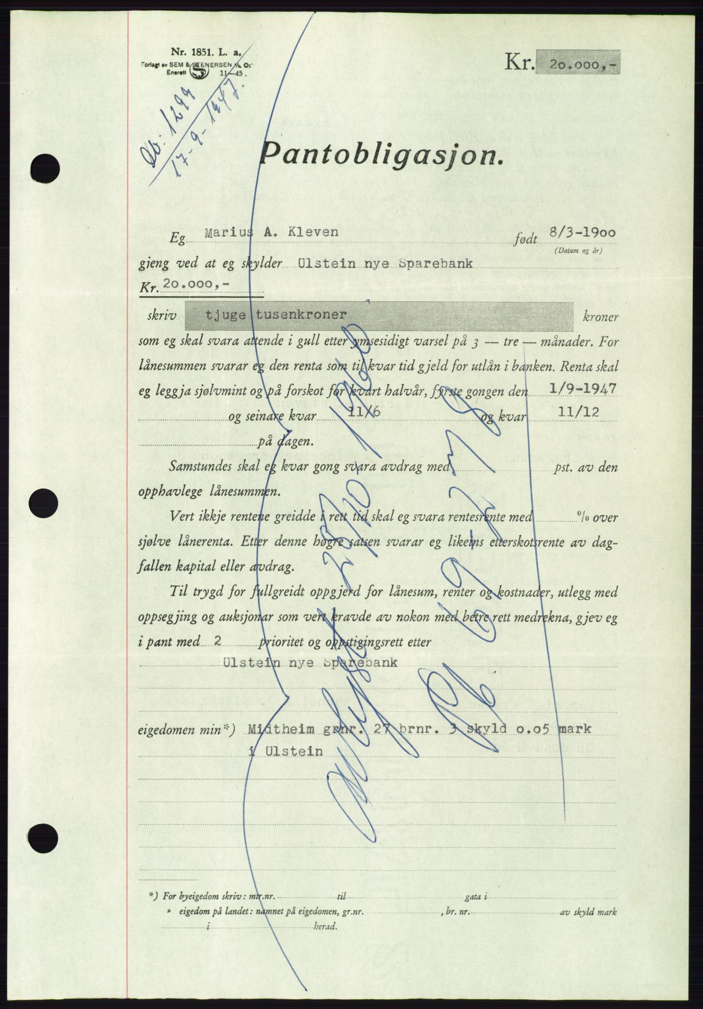 Søre Sunnmøre sorenskriveri, AV/SAT-A-4122/1/2/2C/L0115: Pantebok nr. 3B, 1947-1948, Dagboknr: 1299/1947