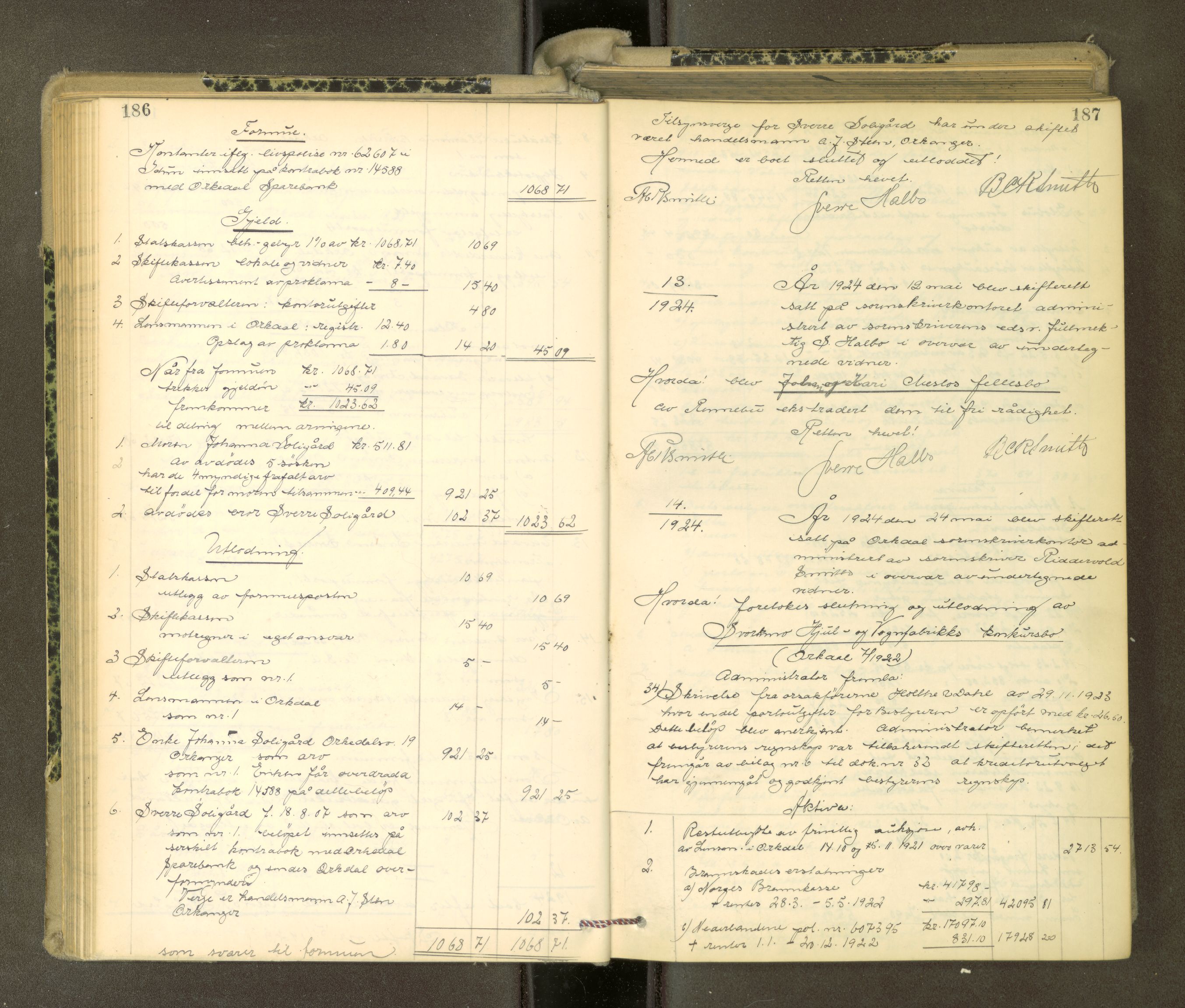 Orkdal sorenskriveri, AV/SAT-A-4169/1/3/3Aa/L0017: Skifteprotokoller, 1921-1929, s. 186-187