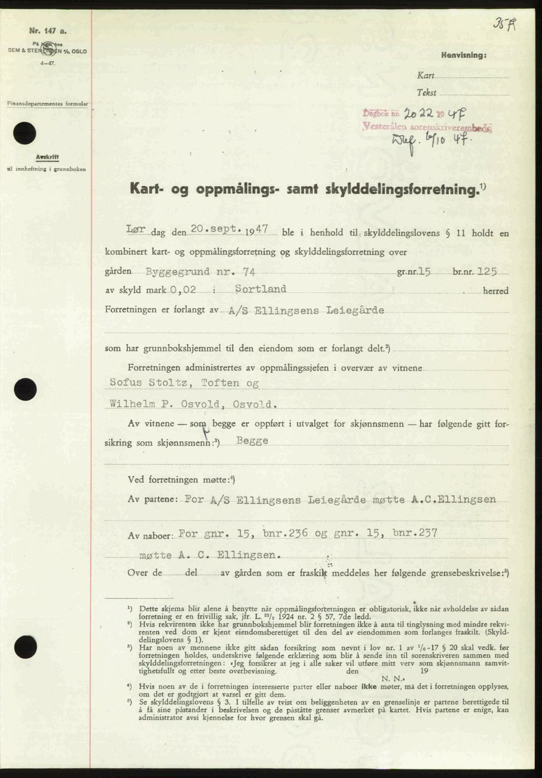 Vesterålen sorenskriveri, SAT/A-4180/1/2/2Ca: Pantebok nr. A21, 1947-1947, Dagboknr: 2022/1947