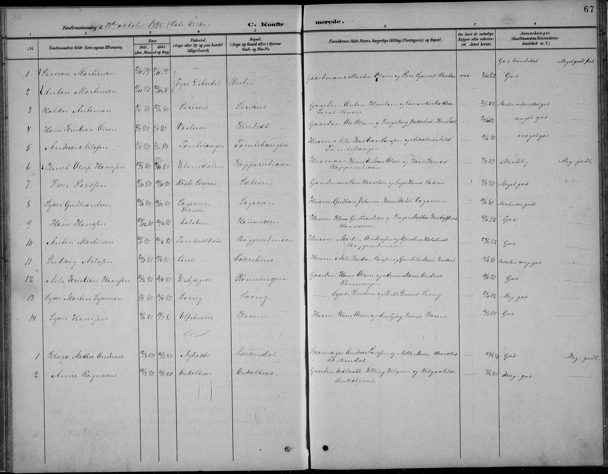 Nordre Land prestekontor, AV/SAH-PREST-124/H/Ha/Hab/L0013: Klokkerbok nr. 13, 1891-1904, s. 67