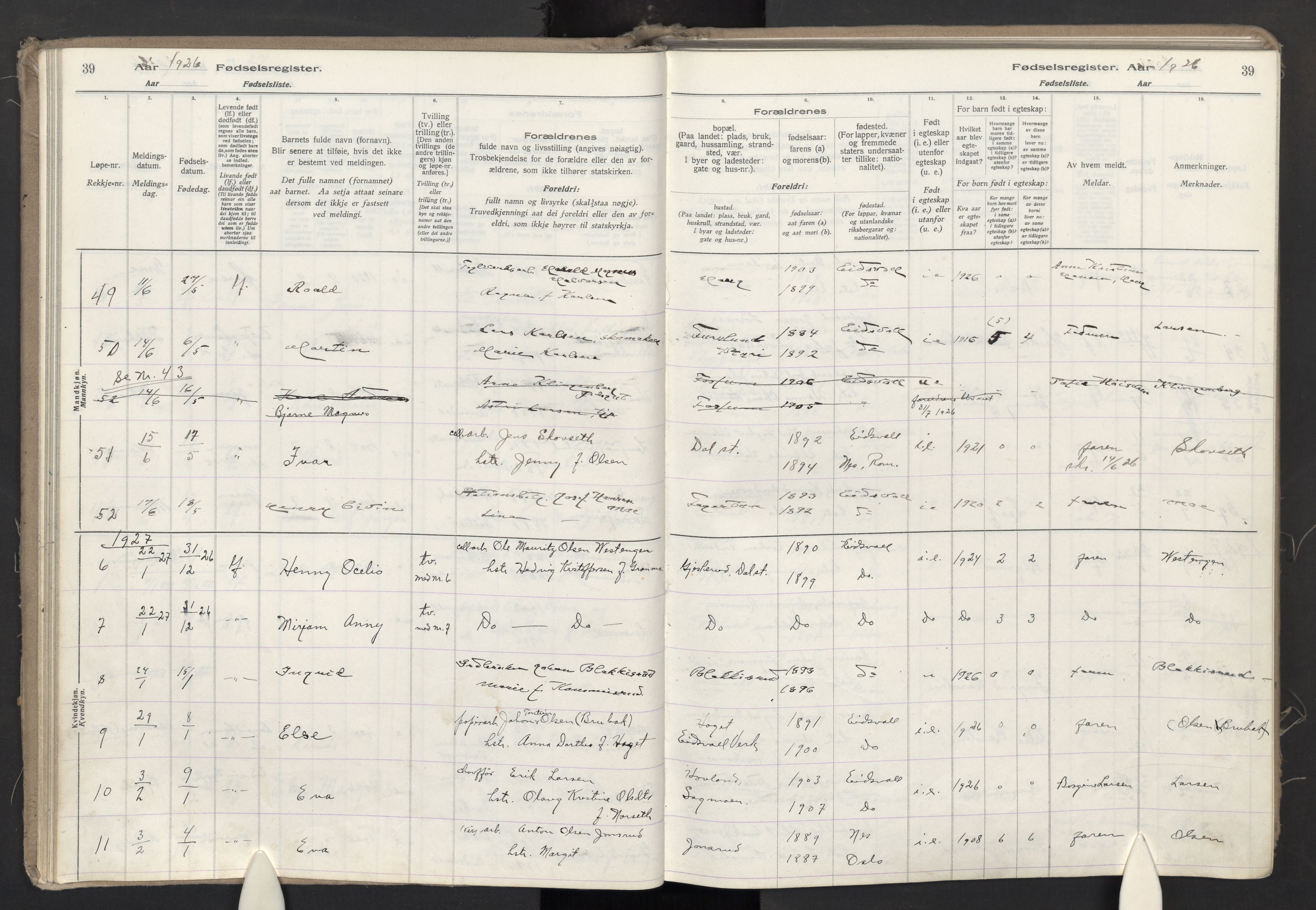 Eidsvoll prestekontor Kirkebøker, AV/SAO-A-10888/J/Ja/L0002: Fødselsregister nr. I 2, 1924-1937, s. 39