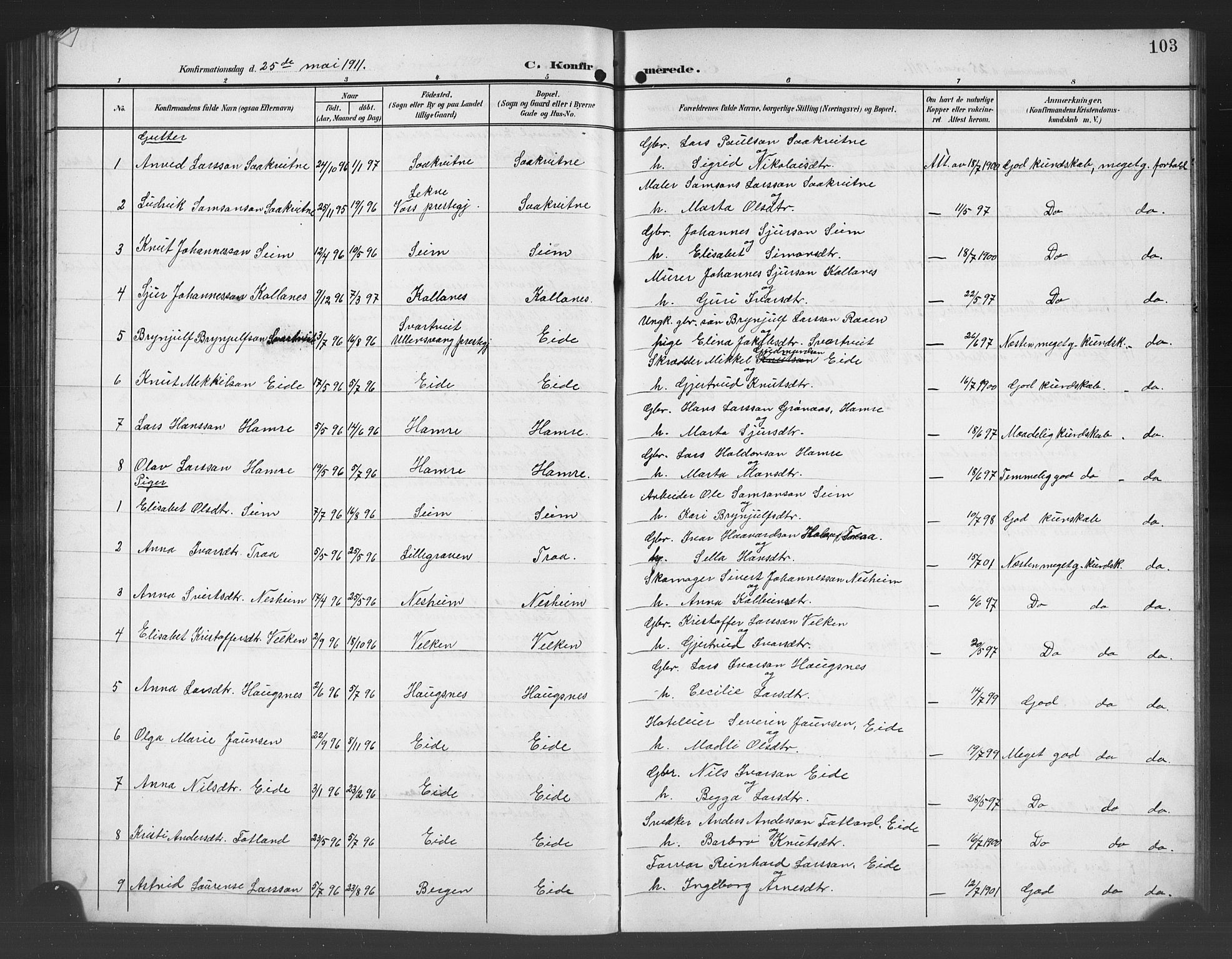 Ulvik sokneprestembete, AV/SAB-A-78801/H/Hab: Klokkerbok nr. B 4, 1902-1923, s. 103