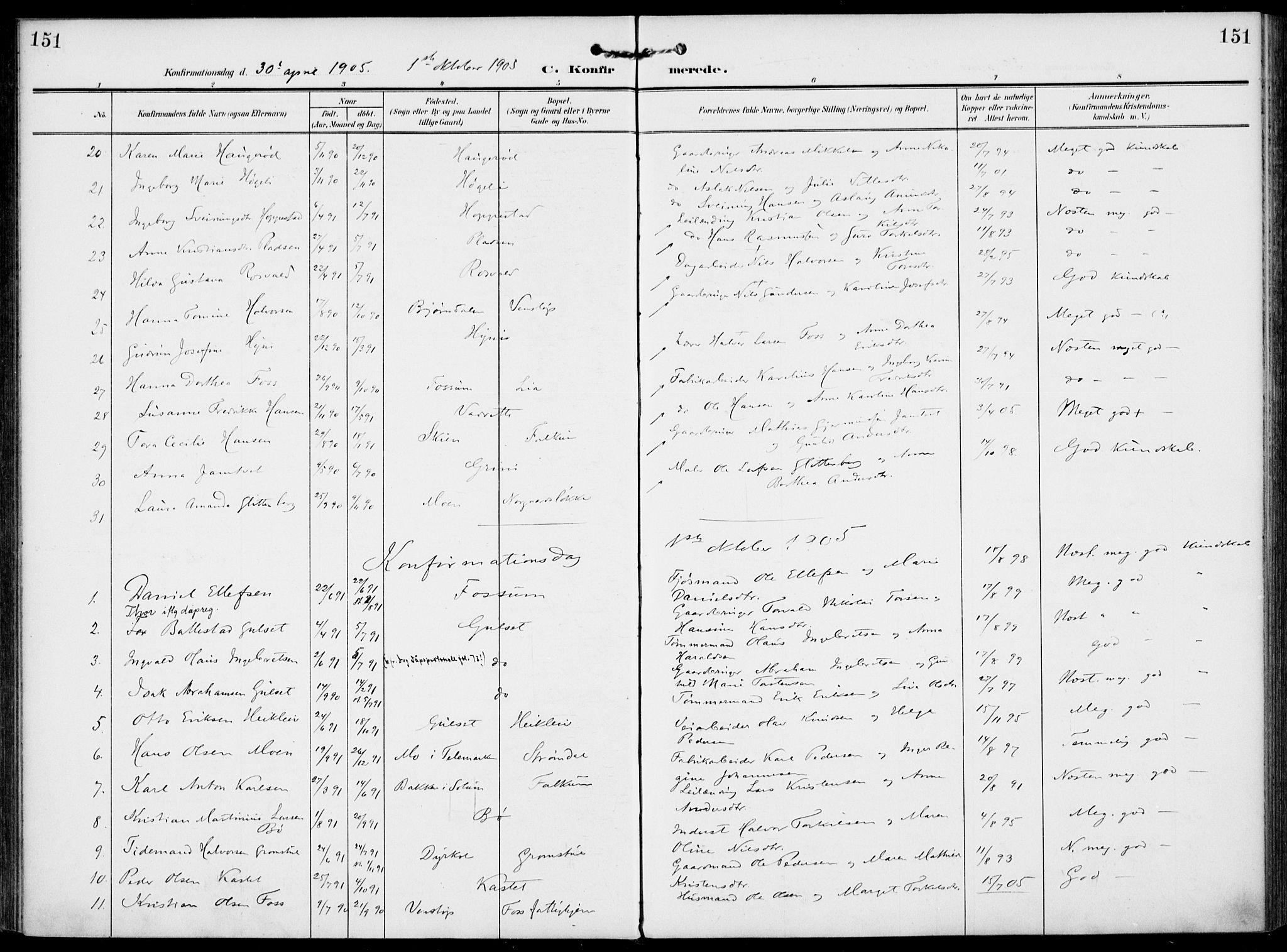 Gjerpen kirkebøker, AV/SAKO-A-265/F/Fa/L0012: Ministerialbok nr. I 12, 1905-1913, s. 151