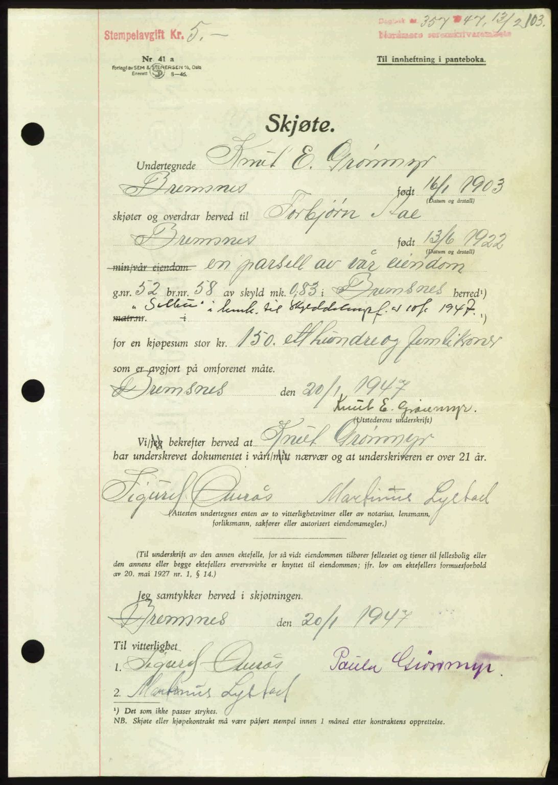 Nordmøre sorenskriveri, AV/SAT-A-4132/1/2/2Ca: Pantebok nr. A104, 1947-1947, Dagboknr: 357/1947