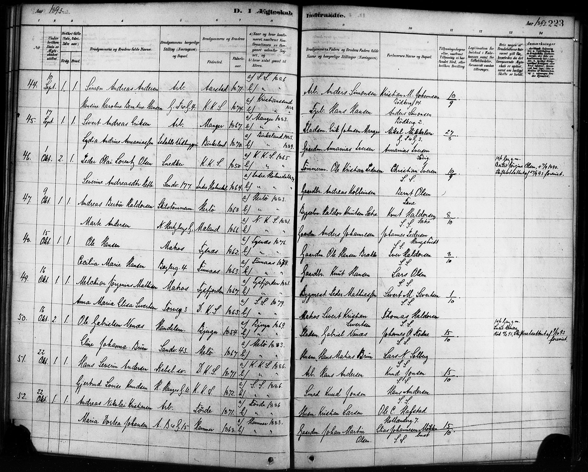 Sandviken Sokneprestembete, AV/SAB-A-77601/H/Ha/L0002: Ministerialbok nr. A 2, 1878-1896, s. 223