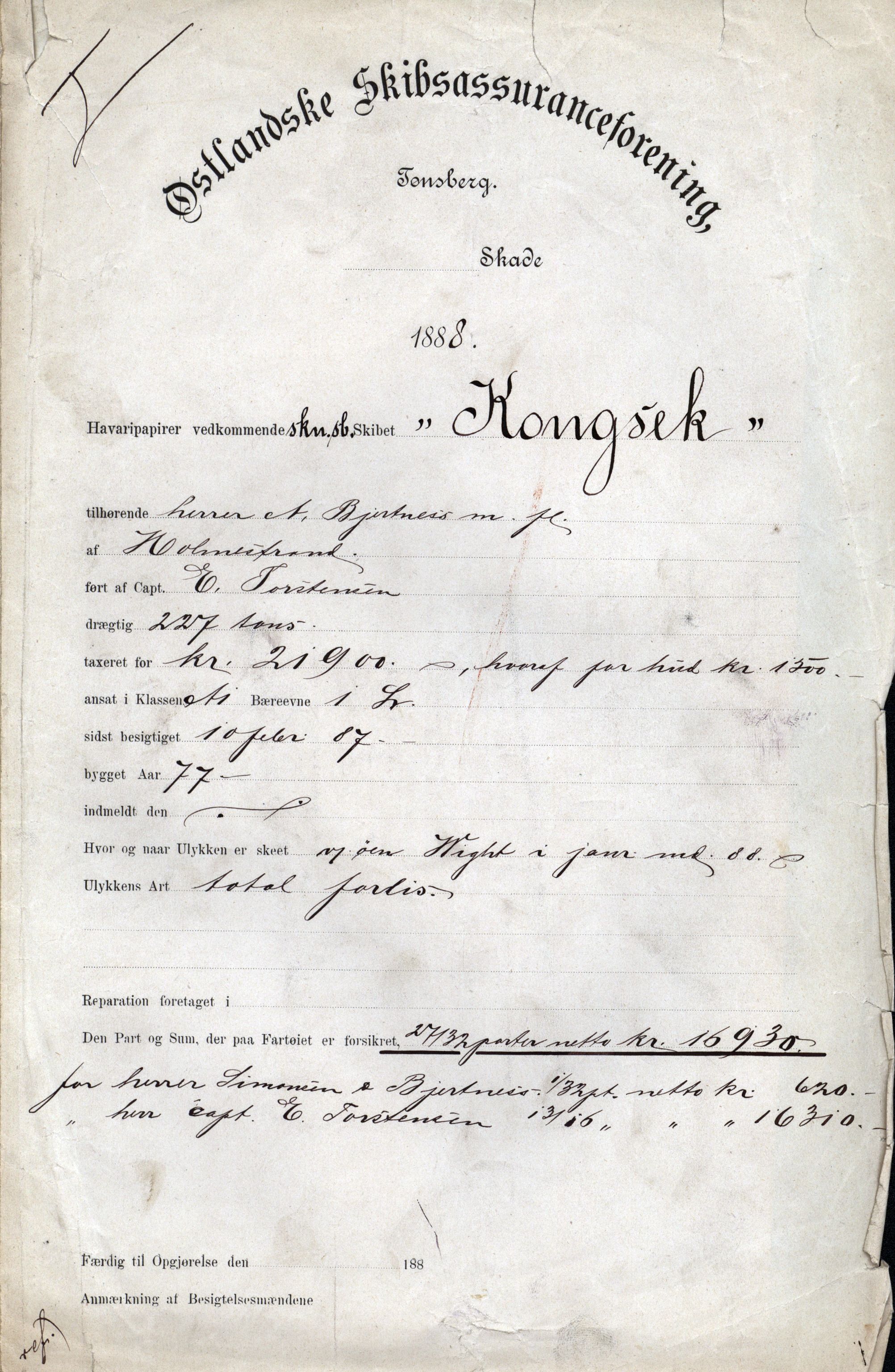 Pa 63 - Østlandske skibsassuranceforening, VEMU/A-1079/G/Ga/L0021/0005: Havaridokumenter / Haabet, Louise, Kvik, Libra, Kongsek, Ispilen, 1888, s. 25