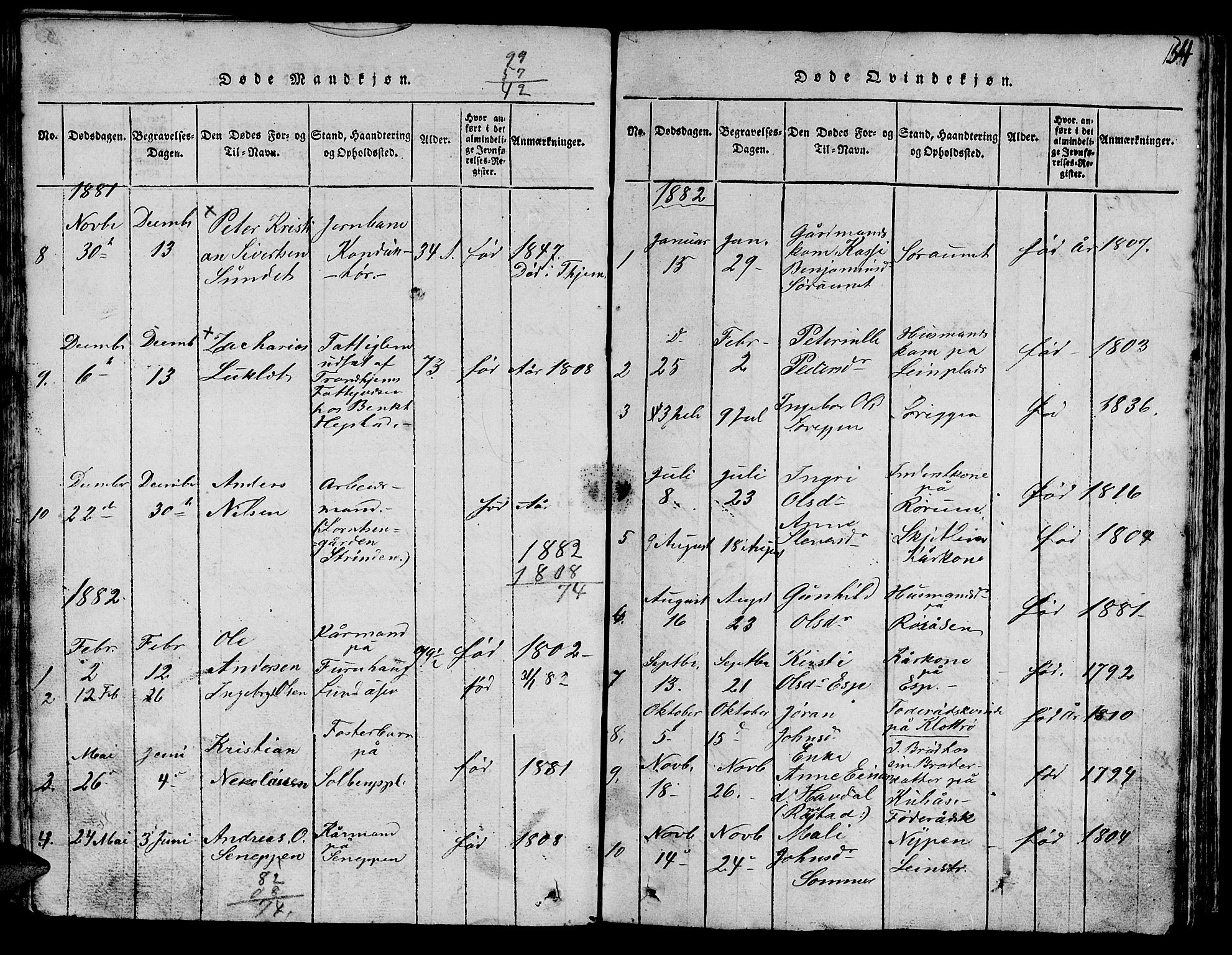 Ministerialprotokoller, klokkerbøker og fødselsregistre - Sør-Trøndelag, SAT/A-1456/613/L0393: Klokkerbok nr. 613C01, 1816-1886, s. 154