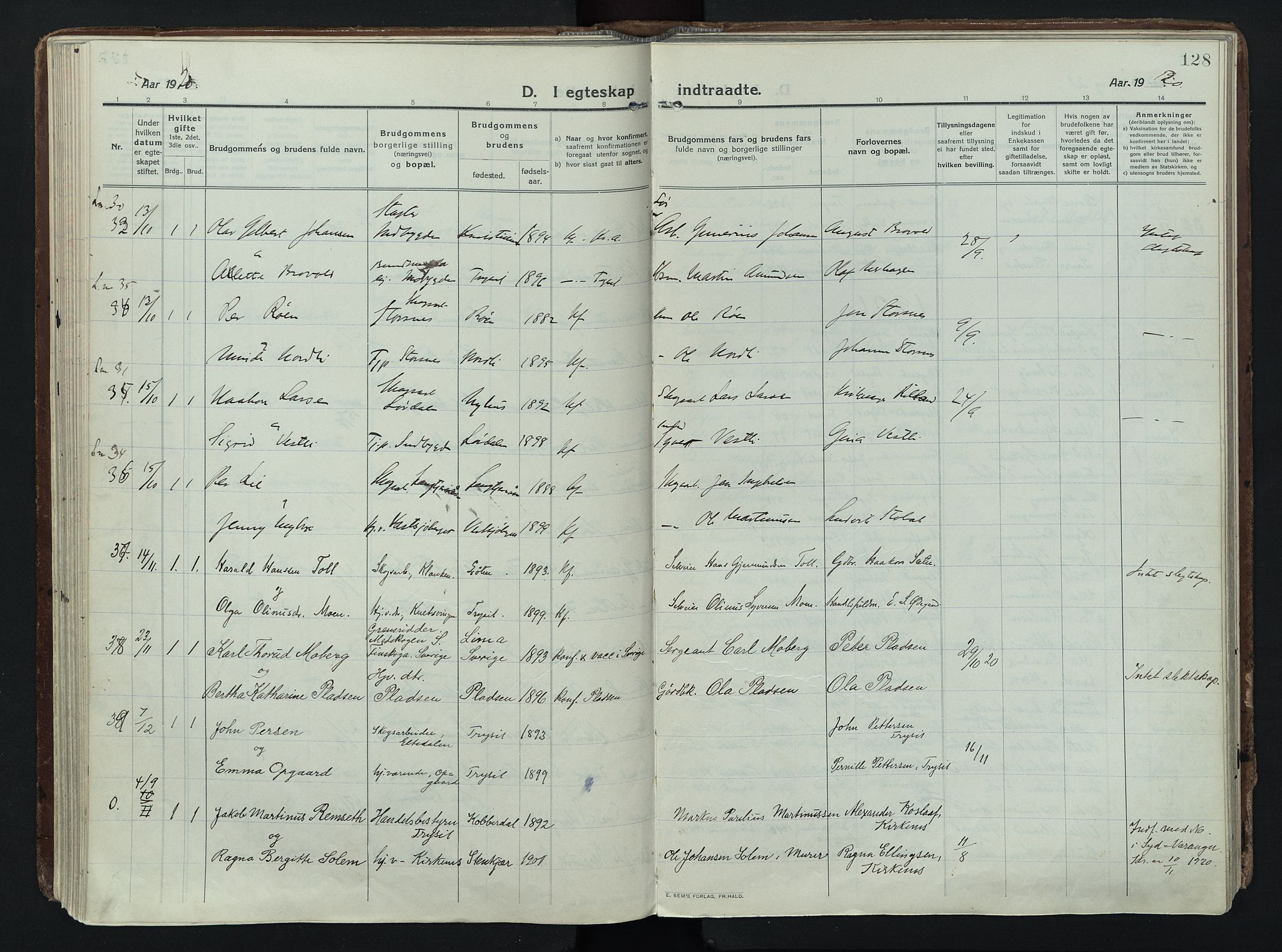Trysil prestekontor, AV/SAH-PREST-046/H/Ha/Haa/L0014: Ministerialbok nr. 14, 1912-1923, s. 128