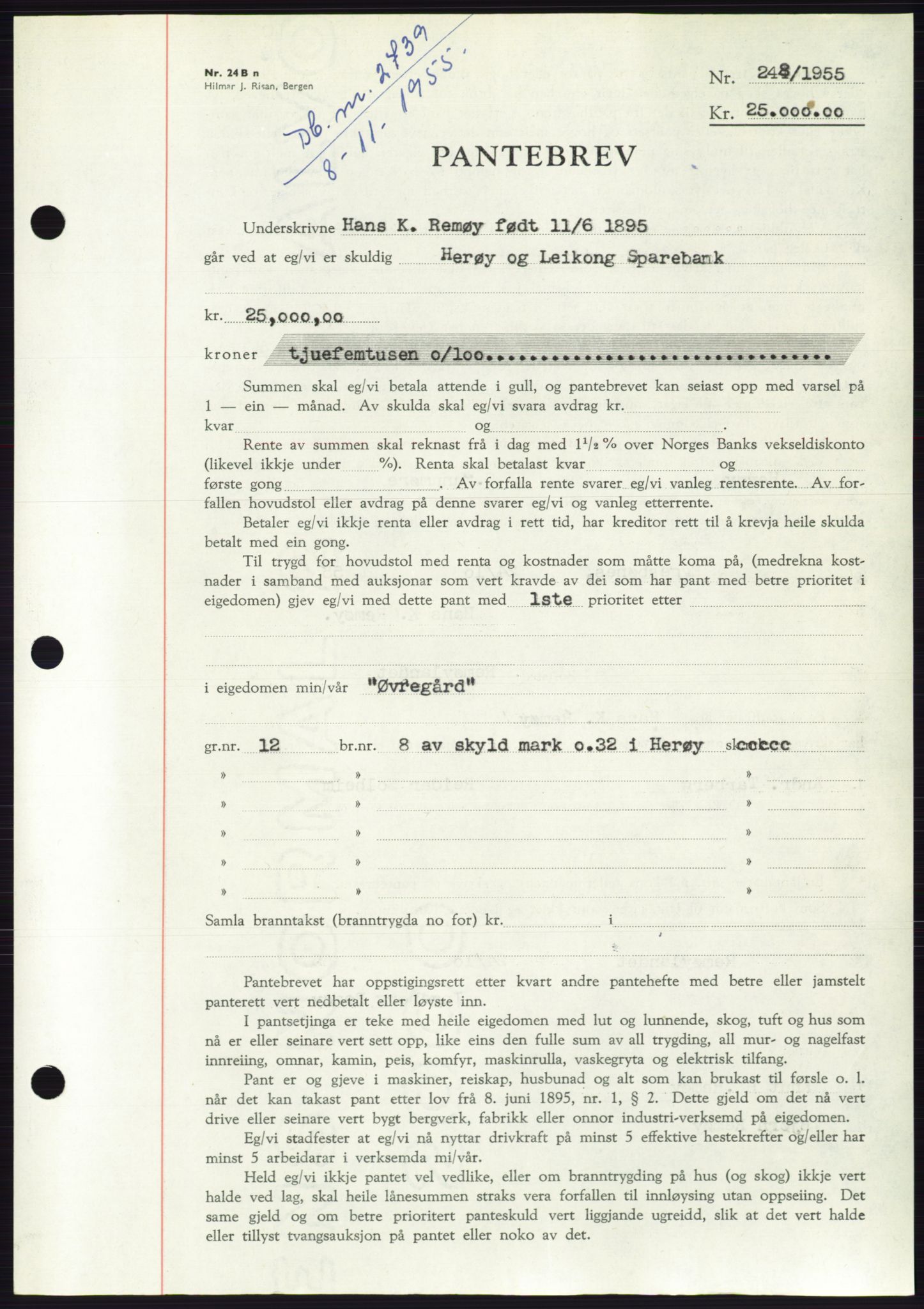 Søre Sunnmøre sorenskriveri, SAT/A-4122/1/2/2C/L0127: Pantebok nr. 15B, 1955-1955, Dagboknr: 2739/1955