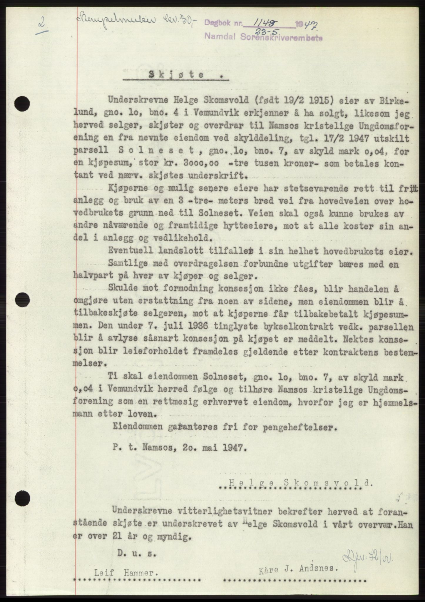 Namdal sorenskriveri, SAT/A-4133/1/2/2C: Pantebok nr. -, 1947-1947, Dagboknr: 1148/1947