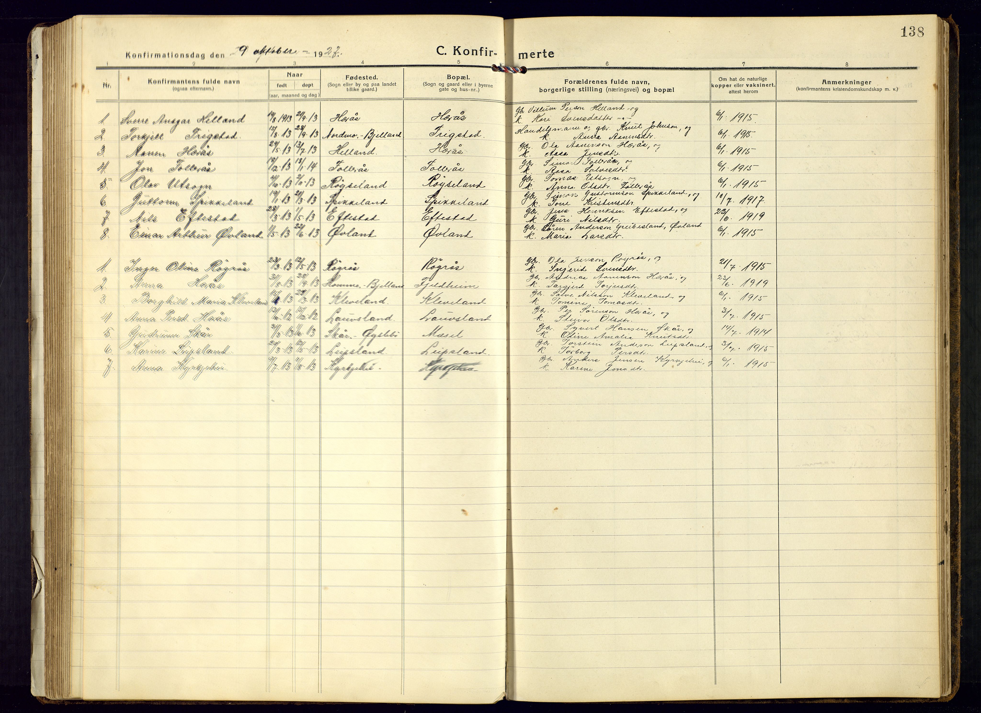 Bjelland sokneprestkontor, AV/SAK-1111-0005/F/Fb/Fbb/L0006: Klokkerbok nr. B-6, 1918-1946, s. 138