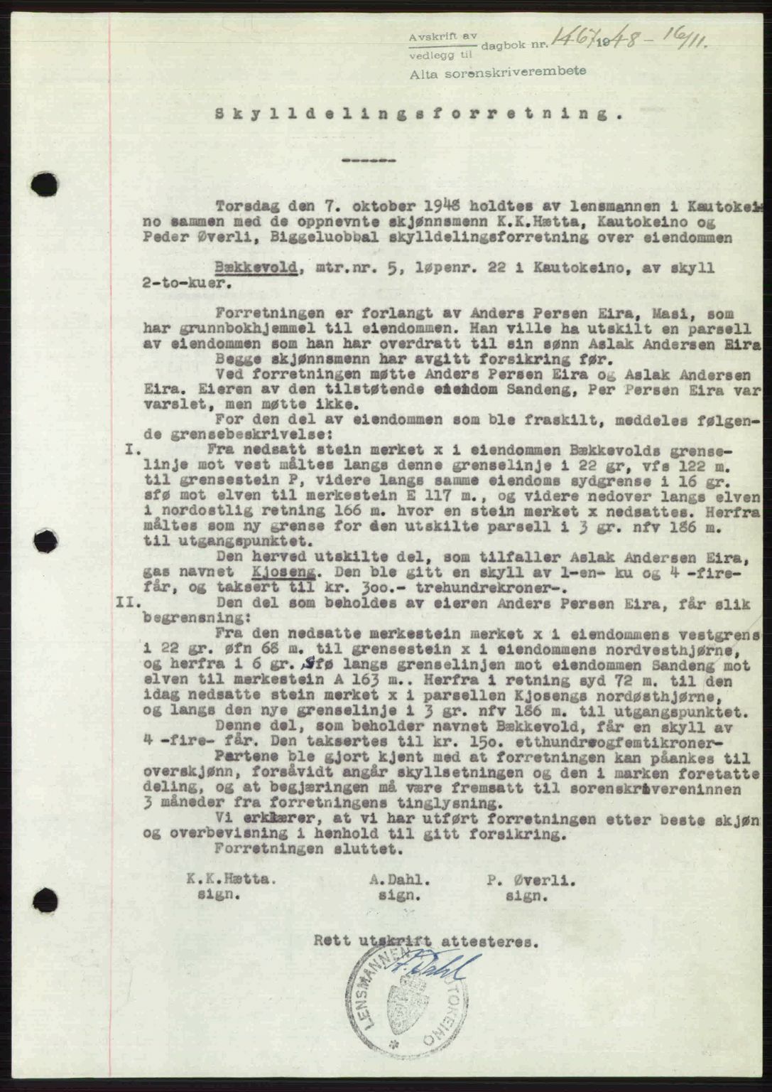 Alta fogderi/sorenskriveri, SATØ/SATØ-5/1/K/Kd/L0037pantebok: Pantebok nr. 39-40, 1948-1949, Dagboknr: 1467/1948